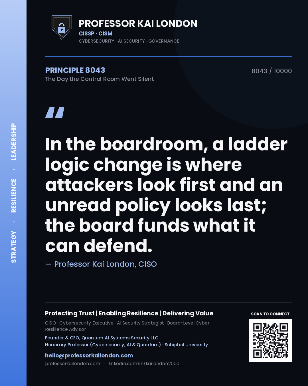 Professor Kai London principle 8043: In the boardroom, a ladder logic change is where attackers look first and an unread policy looks last; the board funds what it can defend.
