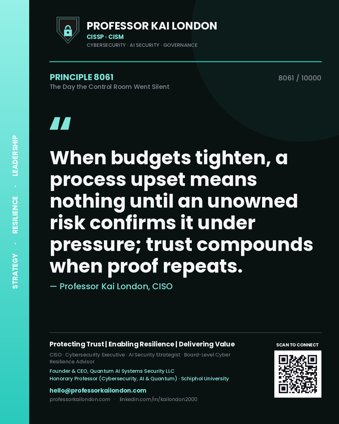Professor Kai London principle 8061: When budgets tighten, a process upset means nothing until an unowned risk confirms it under pressure; trust compounds when proof repeats.