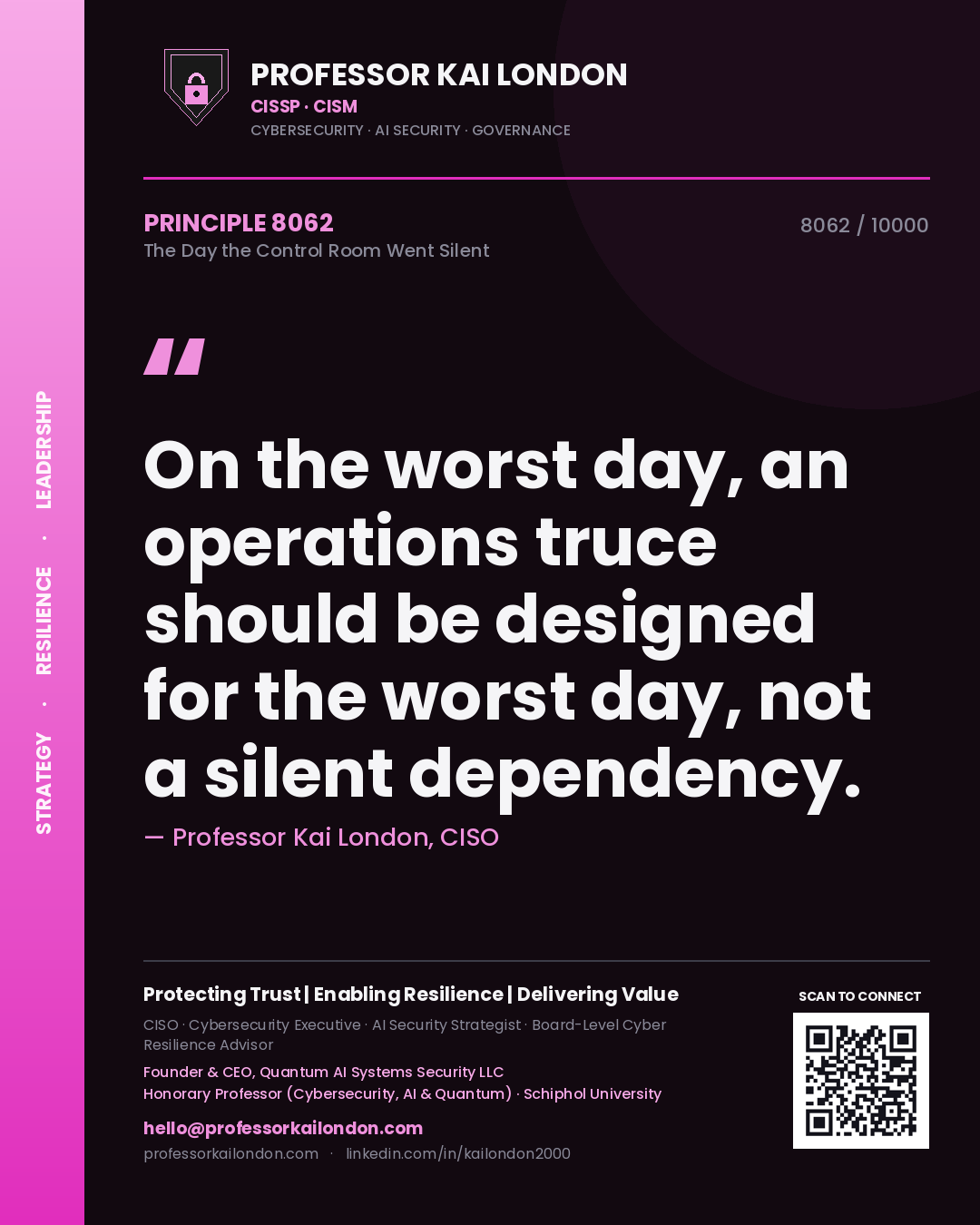 Professor Kai London principle 8062: On the worst day, an operations truce should be designed for the worst day, not a silent dependency.