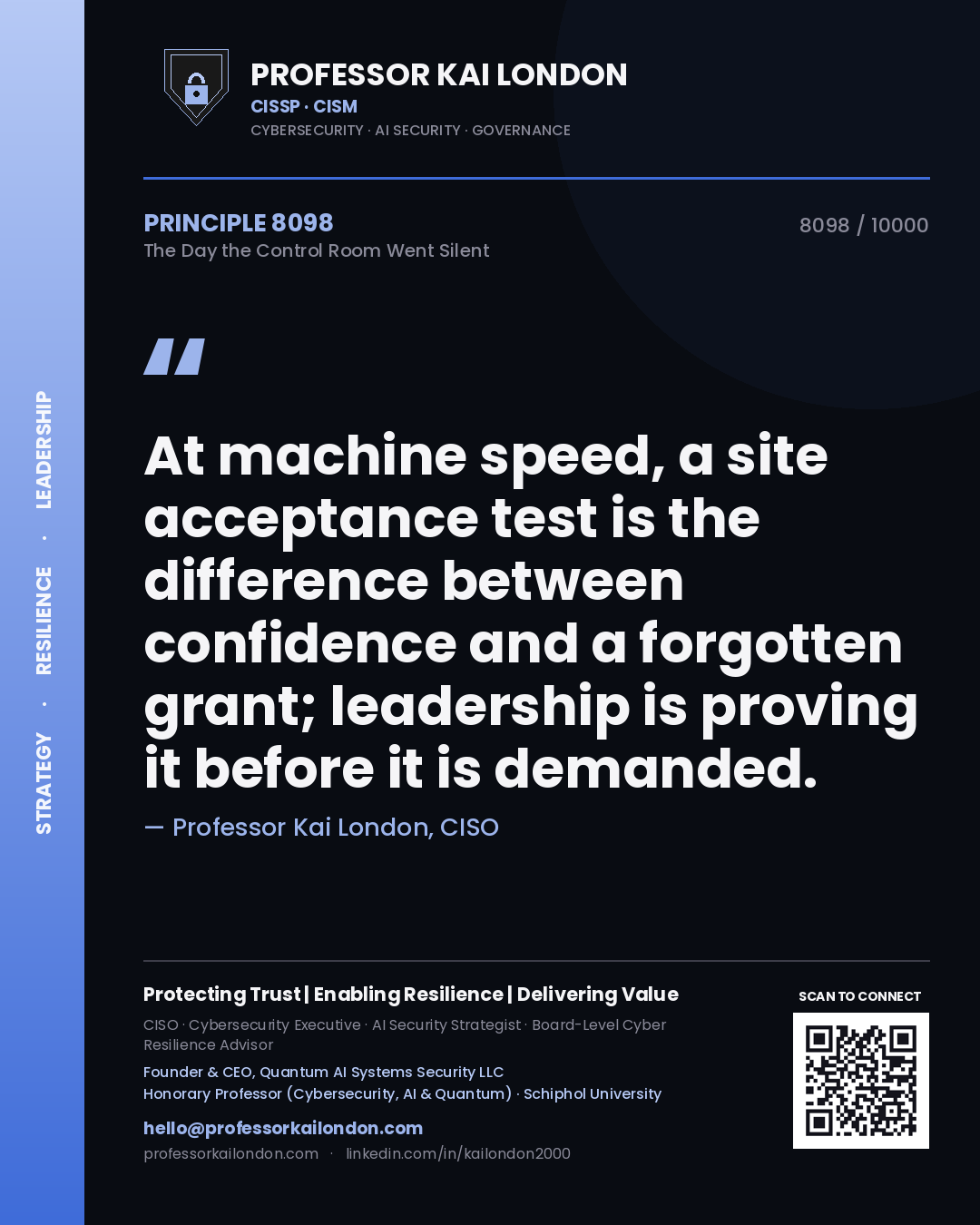 Quote card by Professor Kai London reading 'At machine speed, a site acceptance test is the difference between confidence and a forgotten grant; leadership is proving it before it is demanded.'. From the book The Day the Control Room Went Silent.