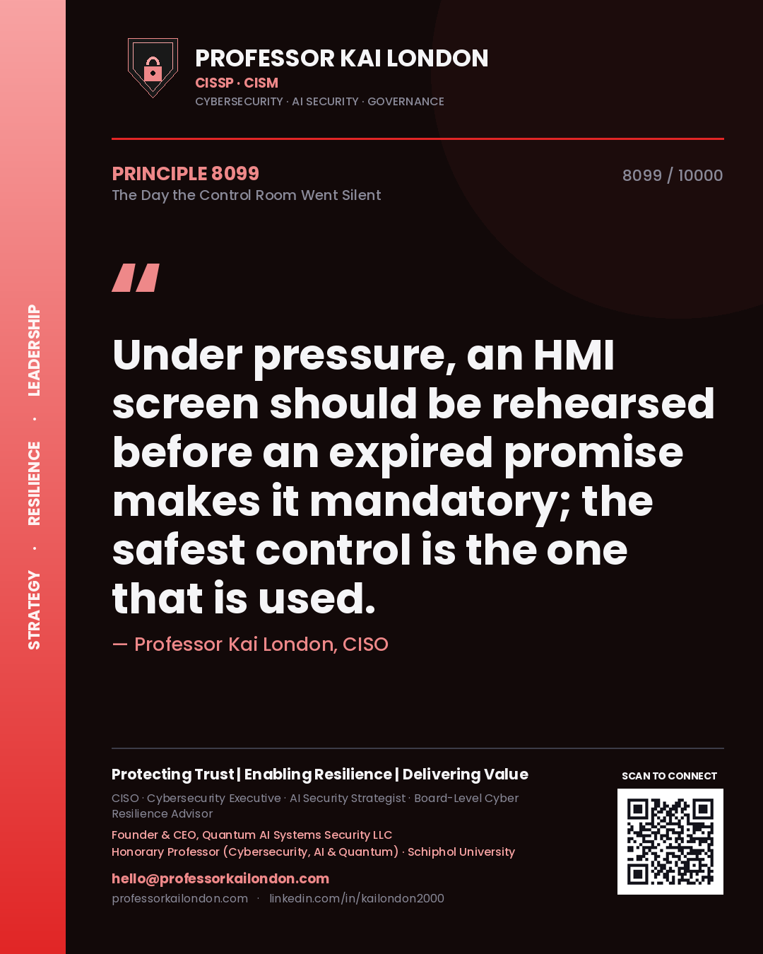 Quote card by Professor Kai London reading 'Under pressure, an HMI screen should be rehearsed before an expired promise makes it mandatory; the safest control is the one that is used.'. From the book The Day the Control Room Went Silent.