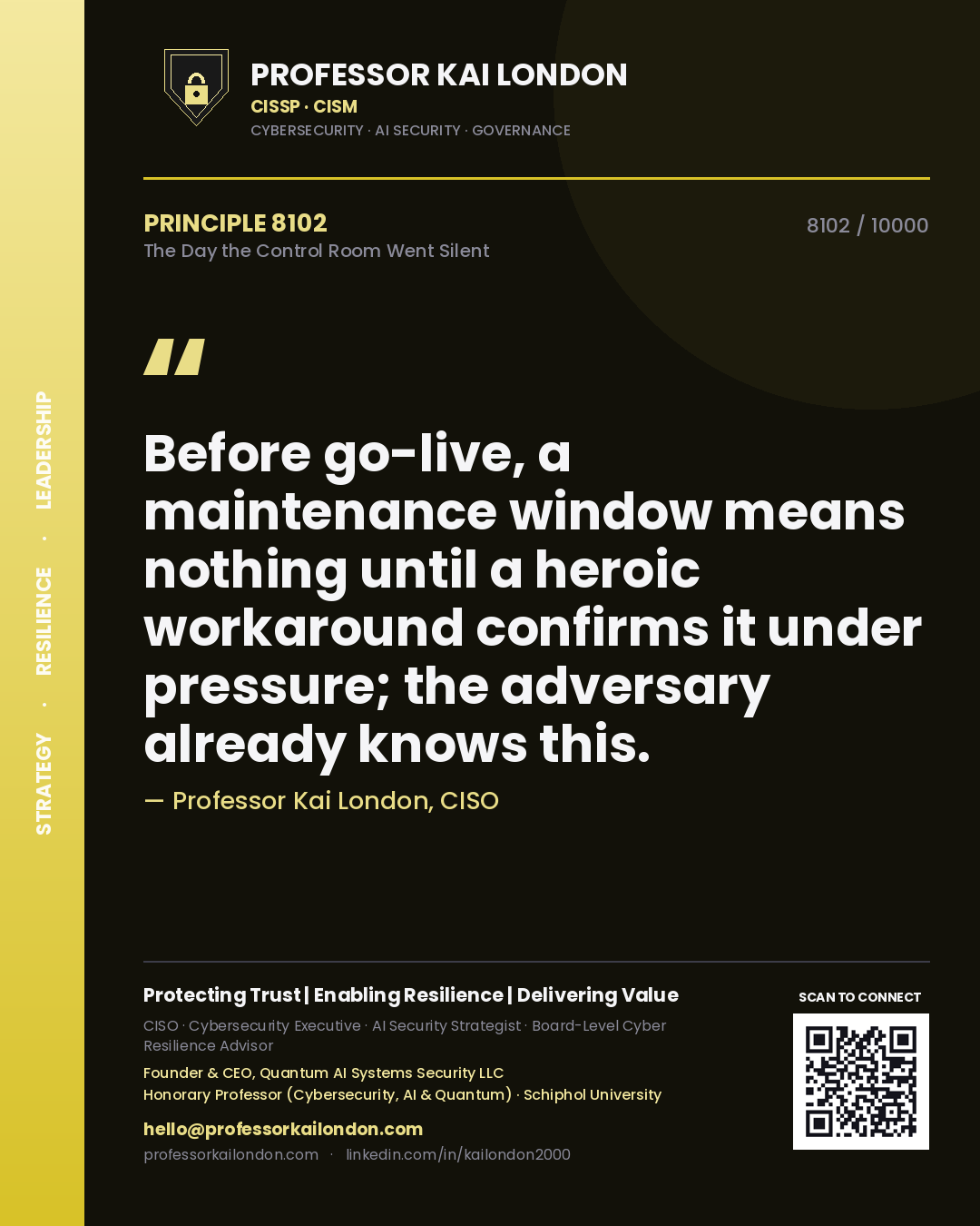 Quote card by Professor Kai London reading 'Before go-live, a maintenance window means nothing until a heroic workaround confirms it under pressure; the adversary already knows this.'. From the book The Day the Control Room Went Silent.