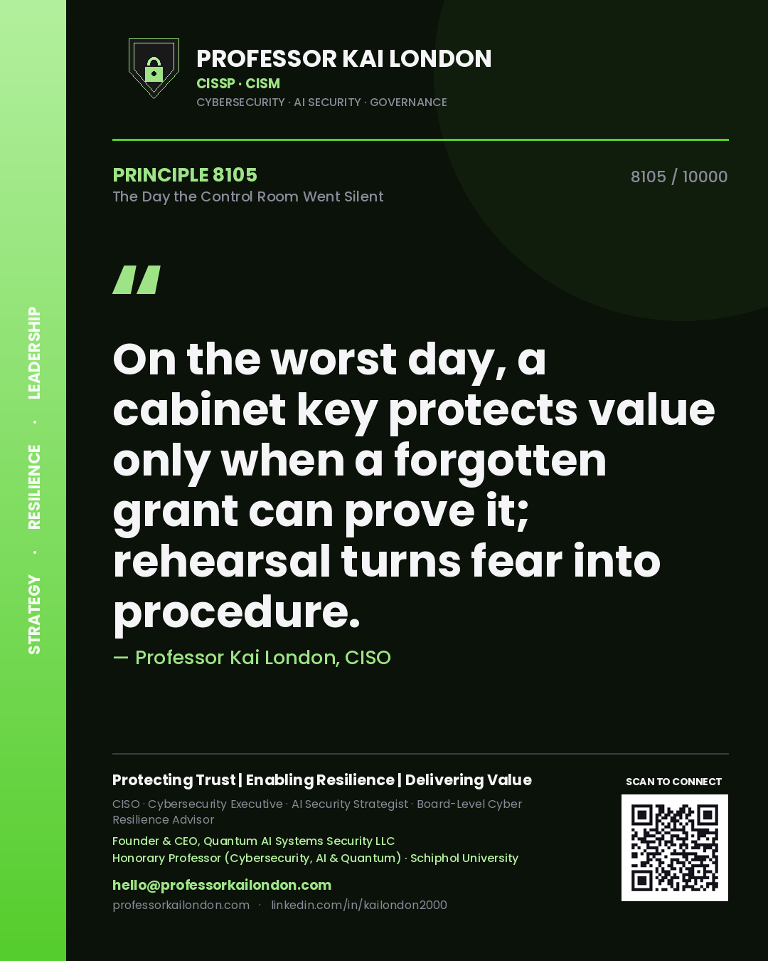 Quote card by Professor Kai London reading 'On the worst day, a cabinet key protects value only when a forgotten grant can prove it; rehearsal turns fear into procedure.'. From the book The Day the Control Room Went Silent.