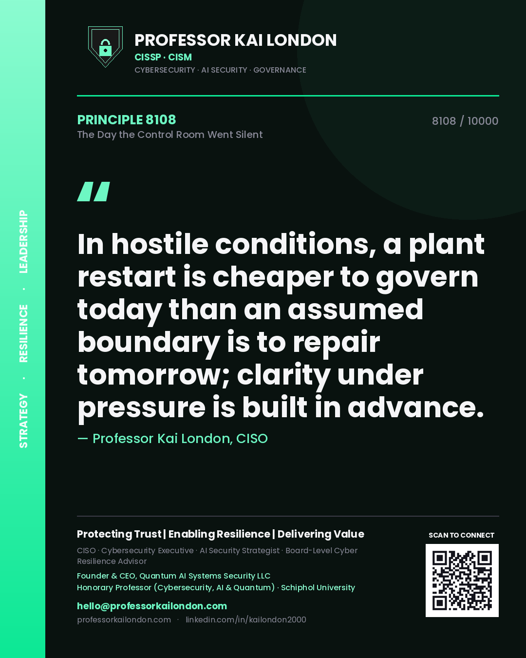 Quote card by Professor Kai London reading 'In hostile conditions, a plant restart is cheaper to govern today than an assumed boundary is to repair tomorrow; clarity under pressure is built in advance.'. From the book The Day the Control Room Went Silent.