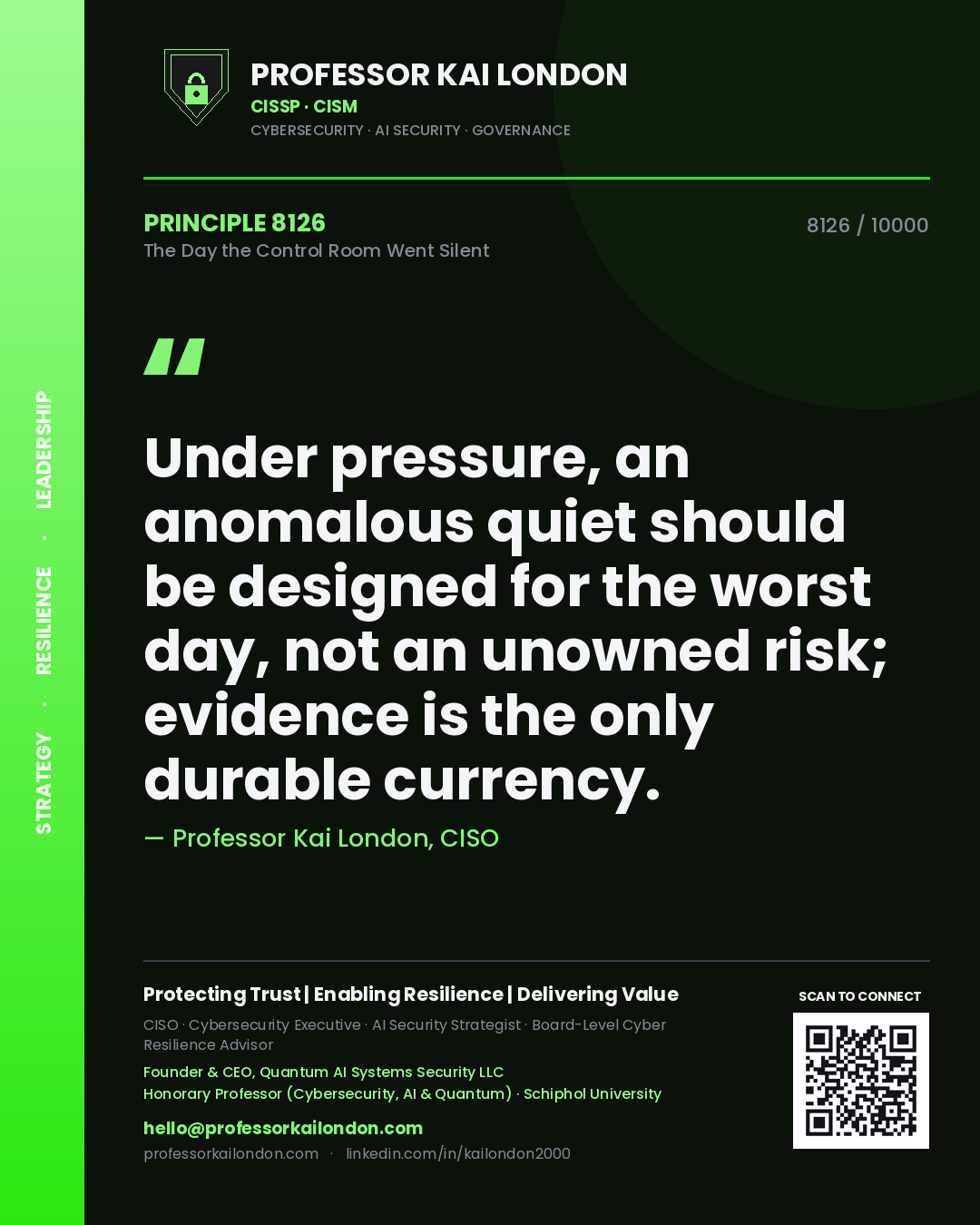 Quote card by Professor Kai London reading 'Under pressure, an anomalous quiet should be designed for the worst day, not an unowned risk; evidence is the only durable currency.'. From the book The Day the Control Room Went Silent.