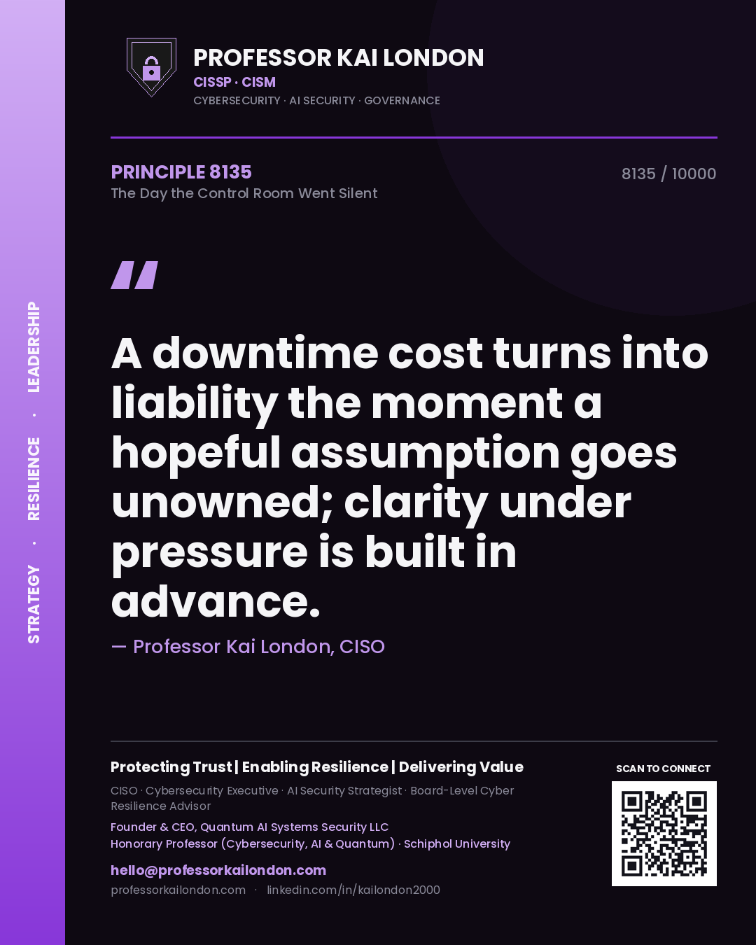 Quote card by Professor Kai London reading 'A downtime cost turns into liability the moment a hopeful assumption goes unowned; clarity under pressure is built in advance.'. From the book The Day the Control Room Went Silent.