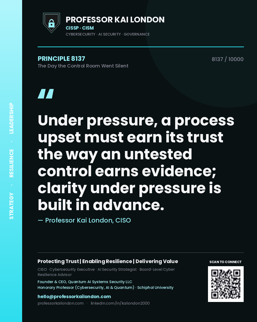 Quote card by Professor Kai London reading 'Under pressure, a process upset must earn its trust the way an untested control earns evidence; clarity under pressure is built in advance.'. From the book The Day the Control Room Went Silent.