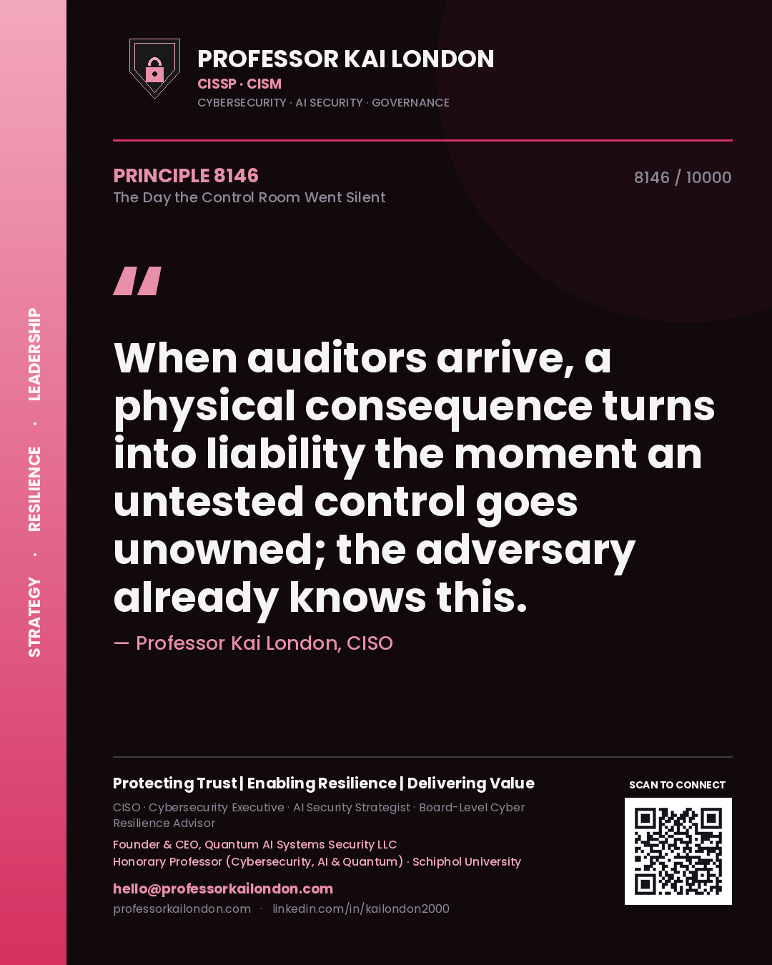 Quote card by Professor Kai London reading 'When auditors arrive, a physical consequence turns into liability the moment an untested control goes unowned; the adversary already knows this.'. From the book The Day the Control Room Went Silent.