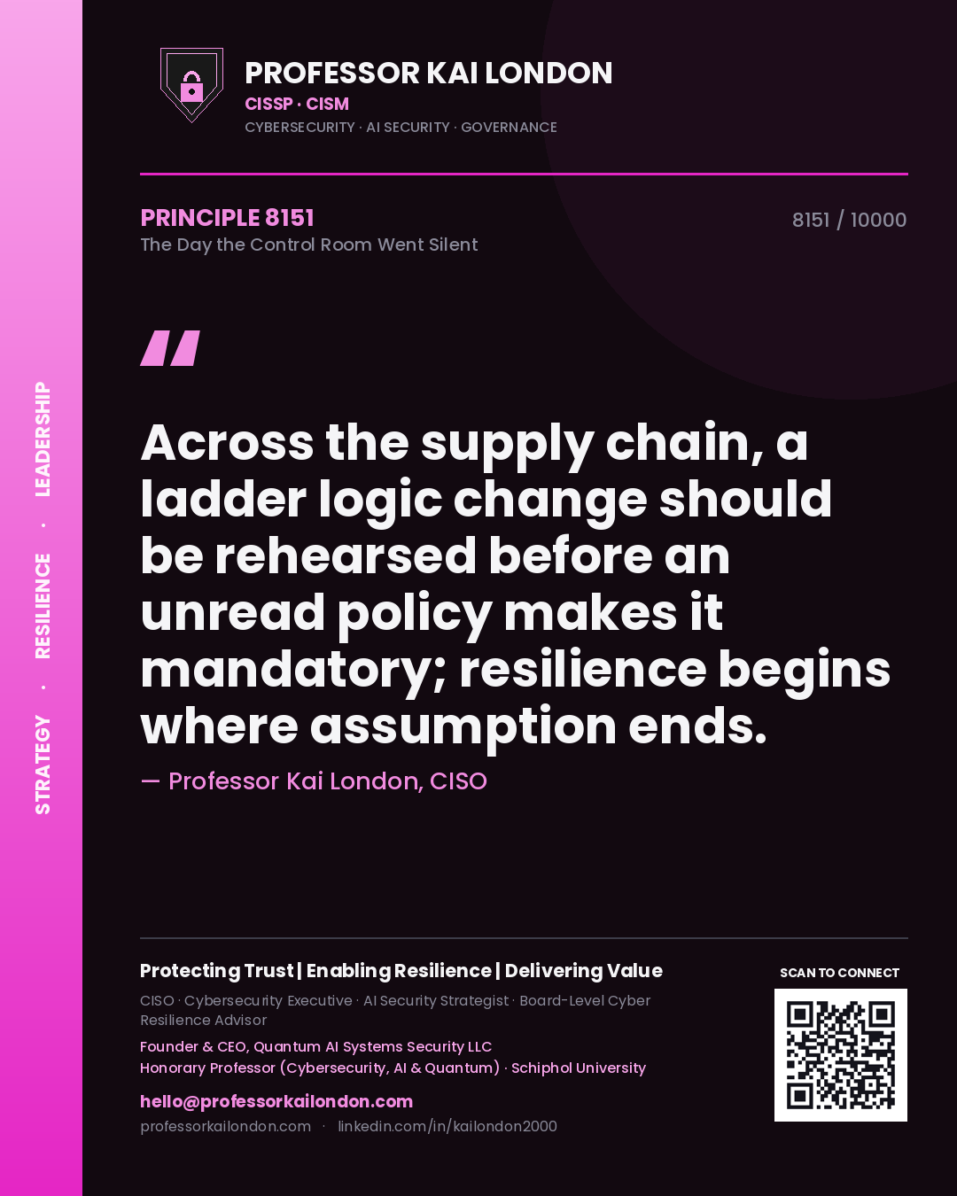 Quote card by Professor Kai London reading 'Across the supply chain, a ladder logic change should be rehearsed before an unread policy makes it mandatory; resilience begins where assumption ends.'. From the book The Day the Control Room Went Silent.