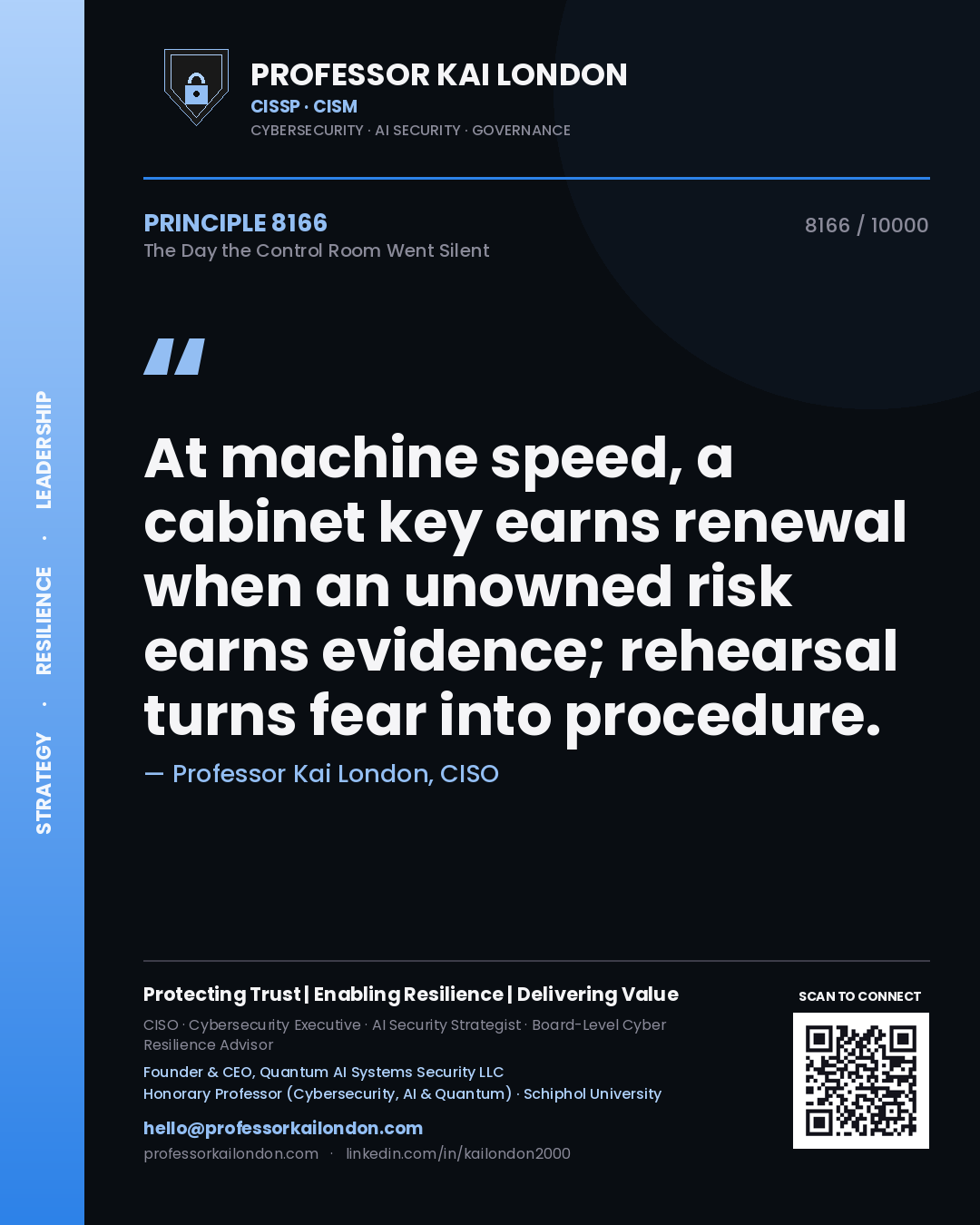 Quote card by Professor Kai London reading 'At machine speed, a cabinet key earns renewal when an unowned risk earns evidence; rehearsal turns fear into procedure.'. From the book The Day the Control Room Went Silent.