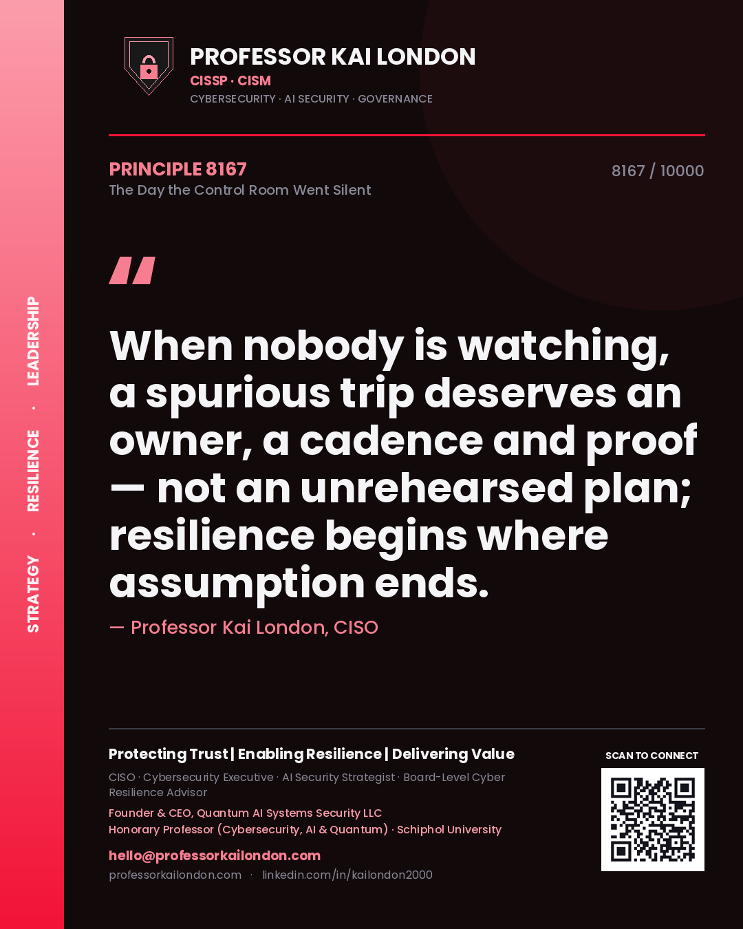 Quote card by Professor Kai London reading 'When nobody is watching, a spurious trip deserves an owner, a cadence and proof — not an unrehearsed plan; resilience begins where assumption ends.'. From the book The Day the Control Room Went Silent.
