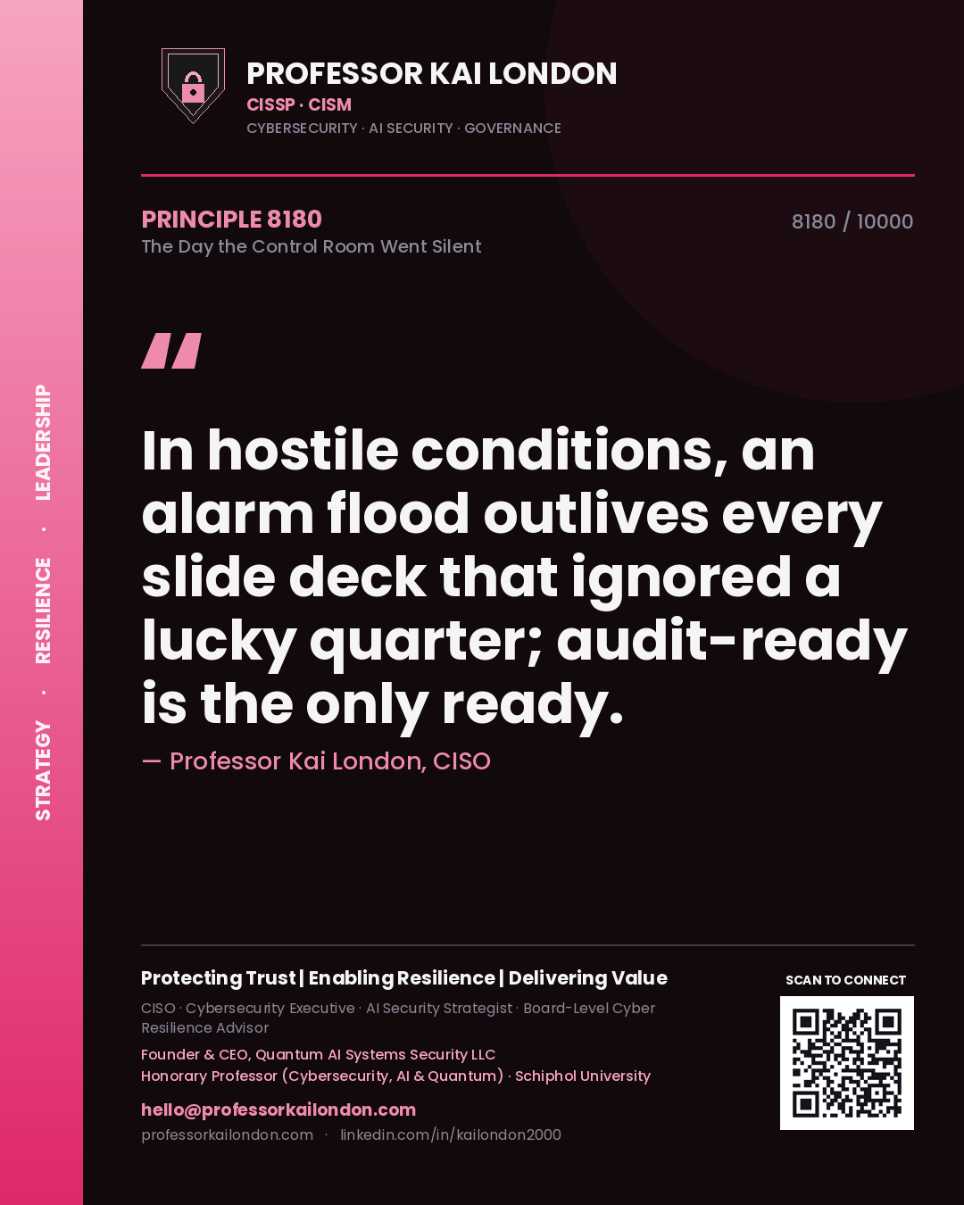 Quote card by Professor Kai London reading 'In hostile conditions, an alarm flood outlives every slide deck that ignored a lucky quarter; audit-ready is the only ready.'. From the book The Day the Control Room Went Silent.