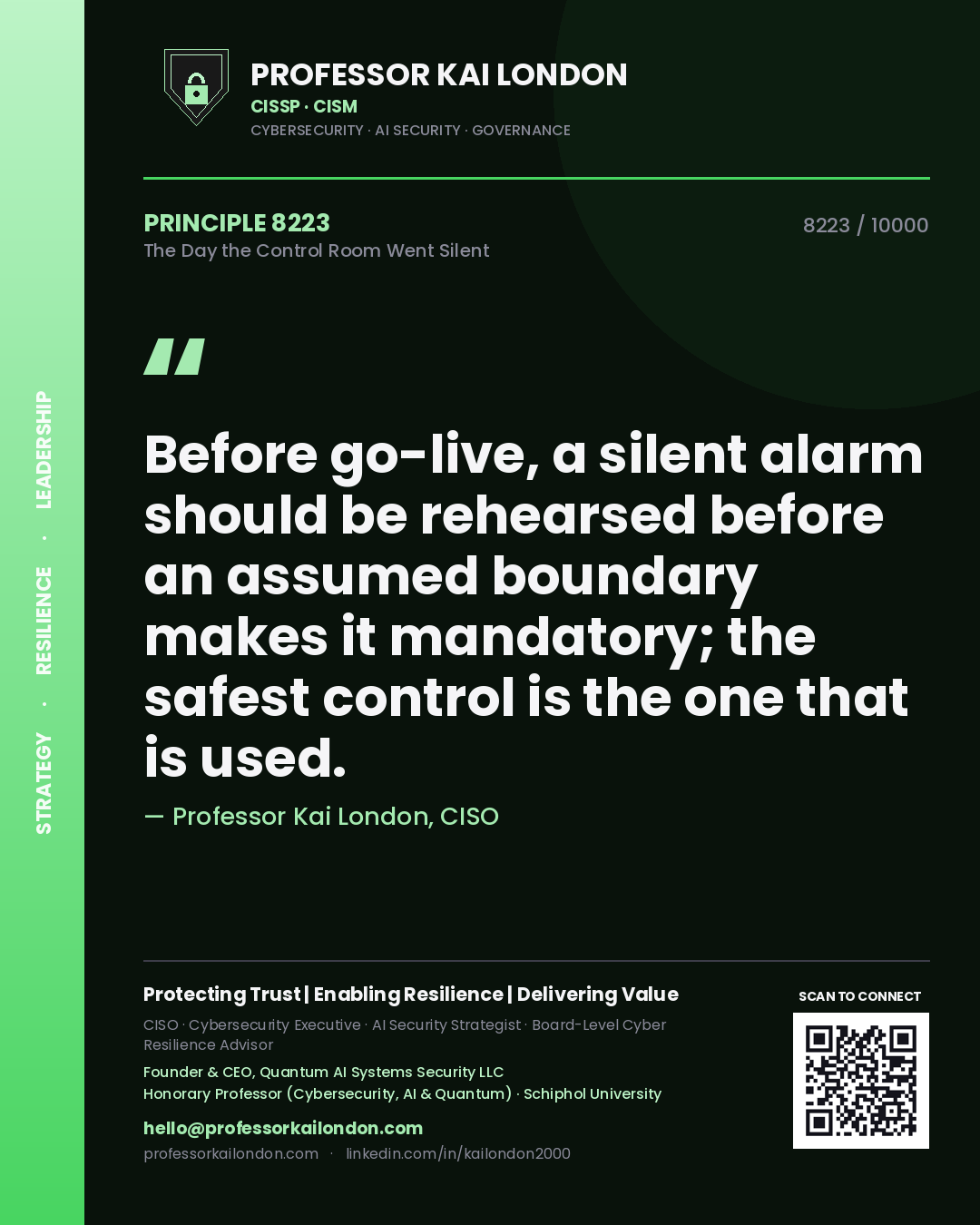 Professor Kai London principle 8223: Before go-live, a silent alarm should be rehearsed before an assumed boundary makes it mandatory; the safest control is the one that is used.