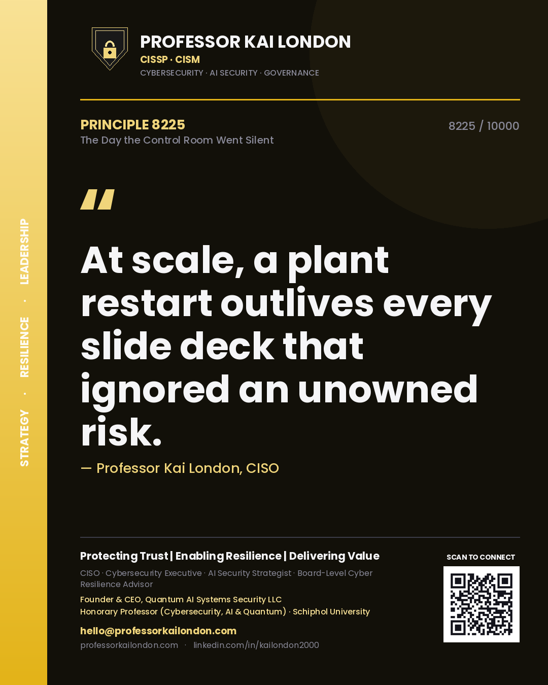 Quote card by Professor Kai London reading 'At scale, a plant restart outlives every slide deck that ignored an unowned risk.'. From the book The Day the Control Room Went Silent.
