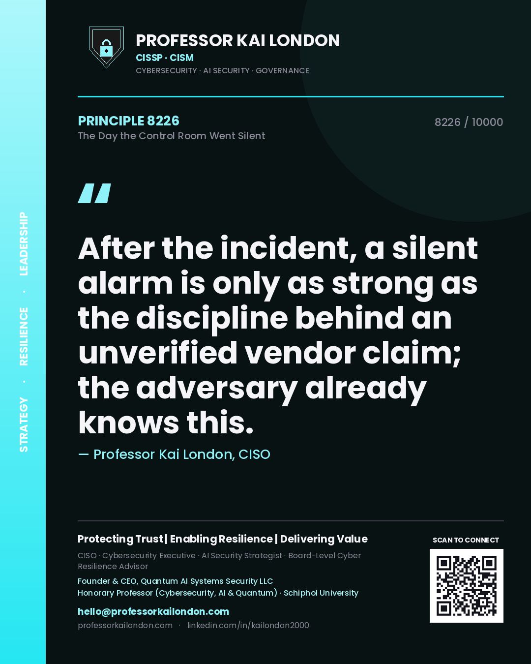 Professor Kai London principle 8226: After the incident, a silent alarm is only as strong as the discipline behind an unverified vendor claim; the adversary already knows this.