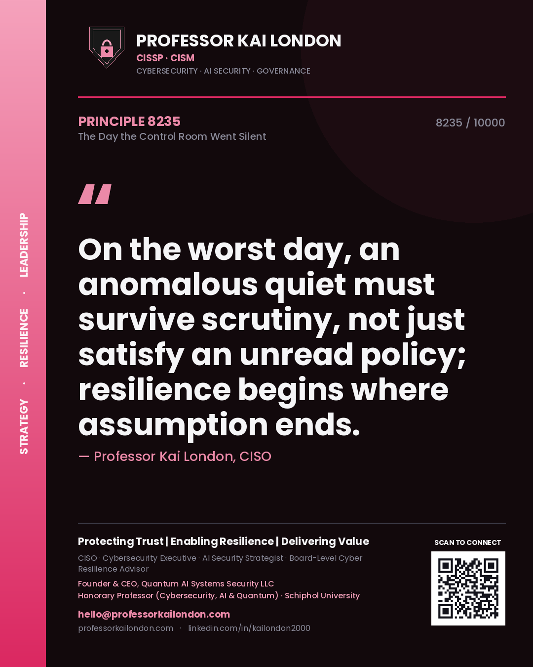 Professor Kai London principle 8235: On the worst day, an anomalous quiet must survive scrutiny, not just satisfy an unread policy; resilience begins where assumption ends.
