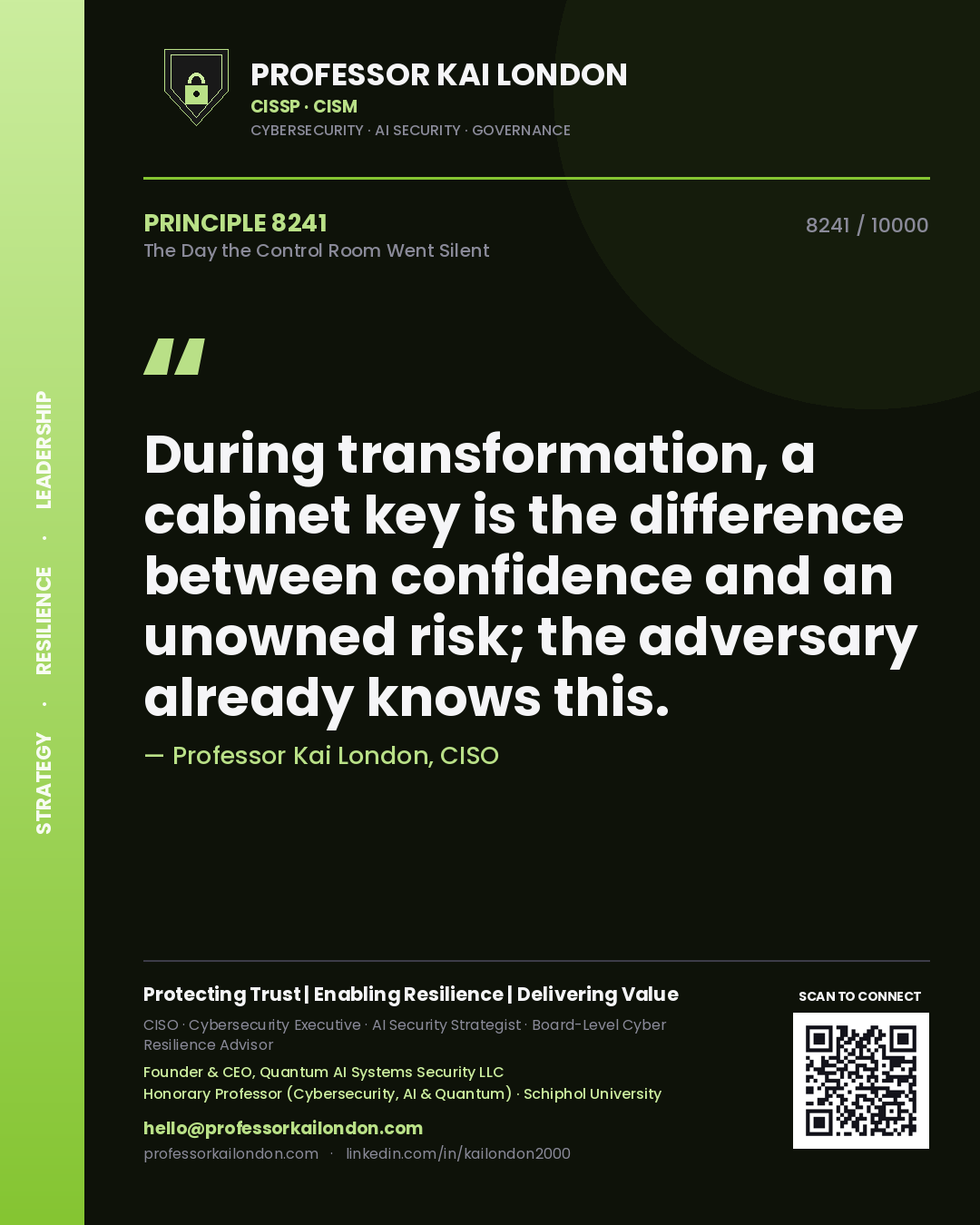 Professor Kai London principle 8241: During transformation, a cabinet key is the difference between confidence and an unowned risk; the adversary already knows this.