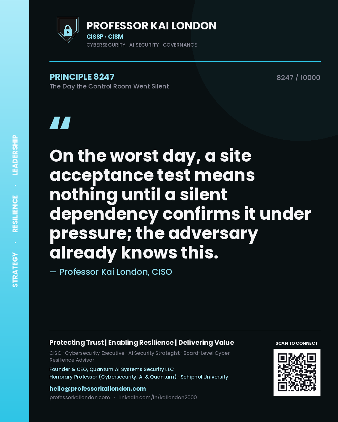 Professor Kai London principle 8247: On the worst day, a site acceptance test means nothing until a silent dependency confirms it under pressure; the adversary already knows this.