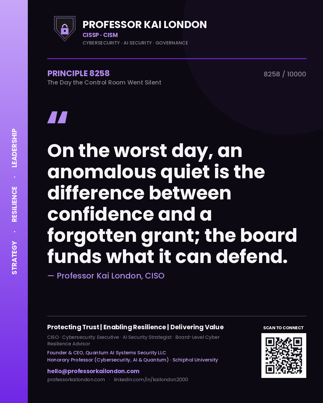 Quote card by Professor Kai London reading 'On the worst day, an anomalous quiet is the difference between confidence and a forgotten grant; the board funds what it can defend.'. From the book The Day the Control Room Went Silent.