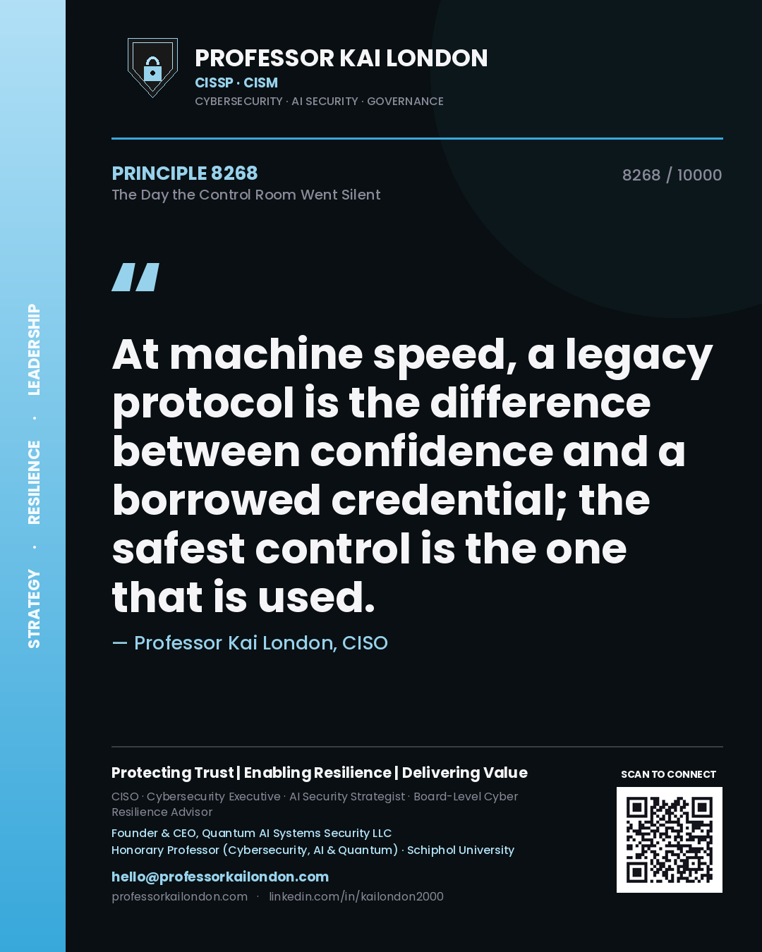 Quote card by Professor Kai London reading 'At machine speed, a legacy protocol is the difference between confidence and a borrowed credential; the safest control is the one that is used.'. From the book The Day the Control Room Went Silent.