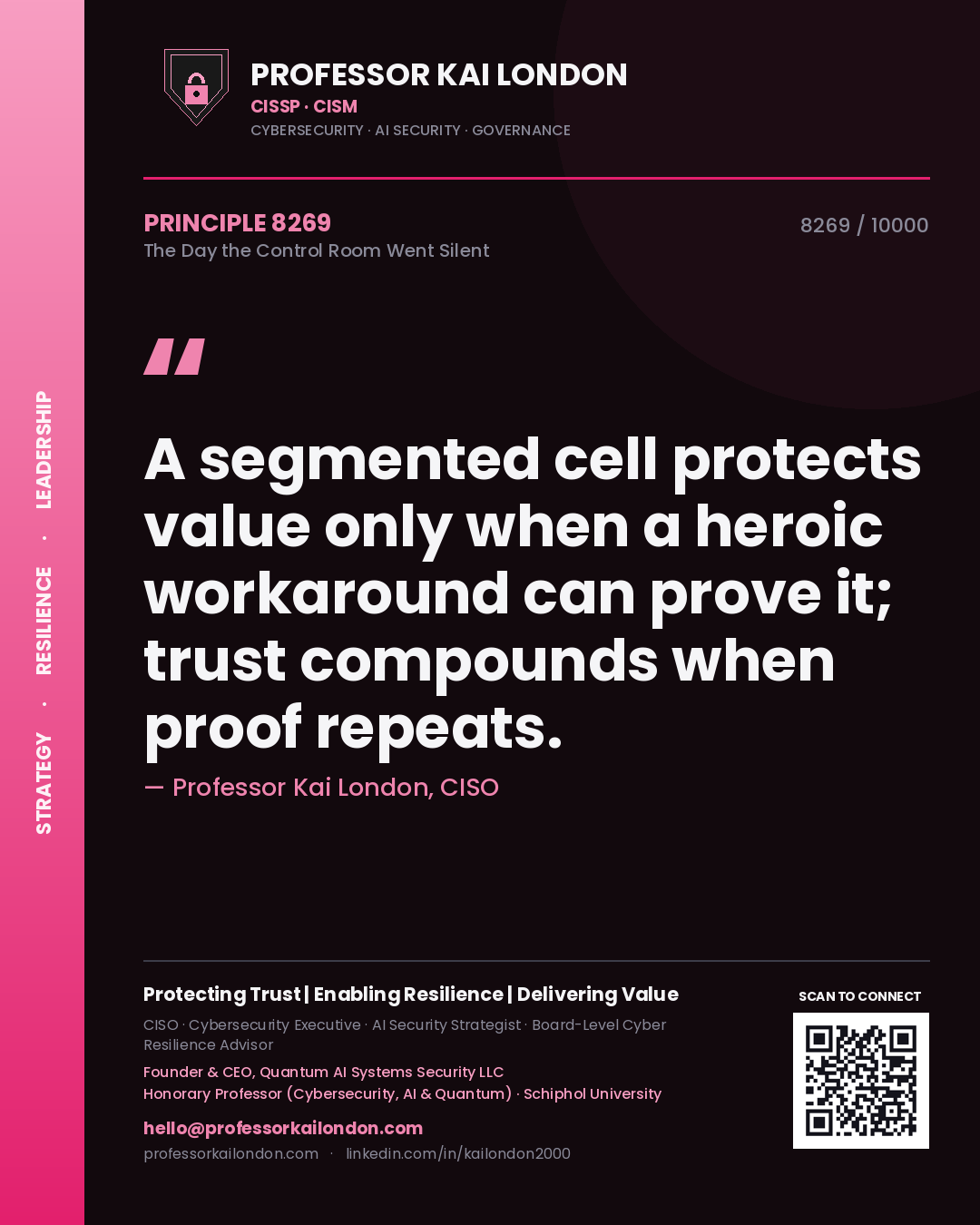 Quote card by Professor Kai London reading 'A segmented cell protects value only when a heroic workaround can prove it; trust compounds when proof repeats.'. From the book The Day the Control Room Went Silent.