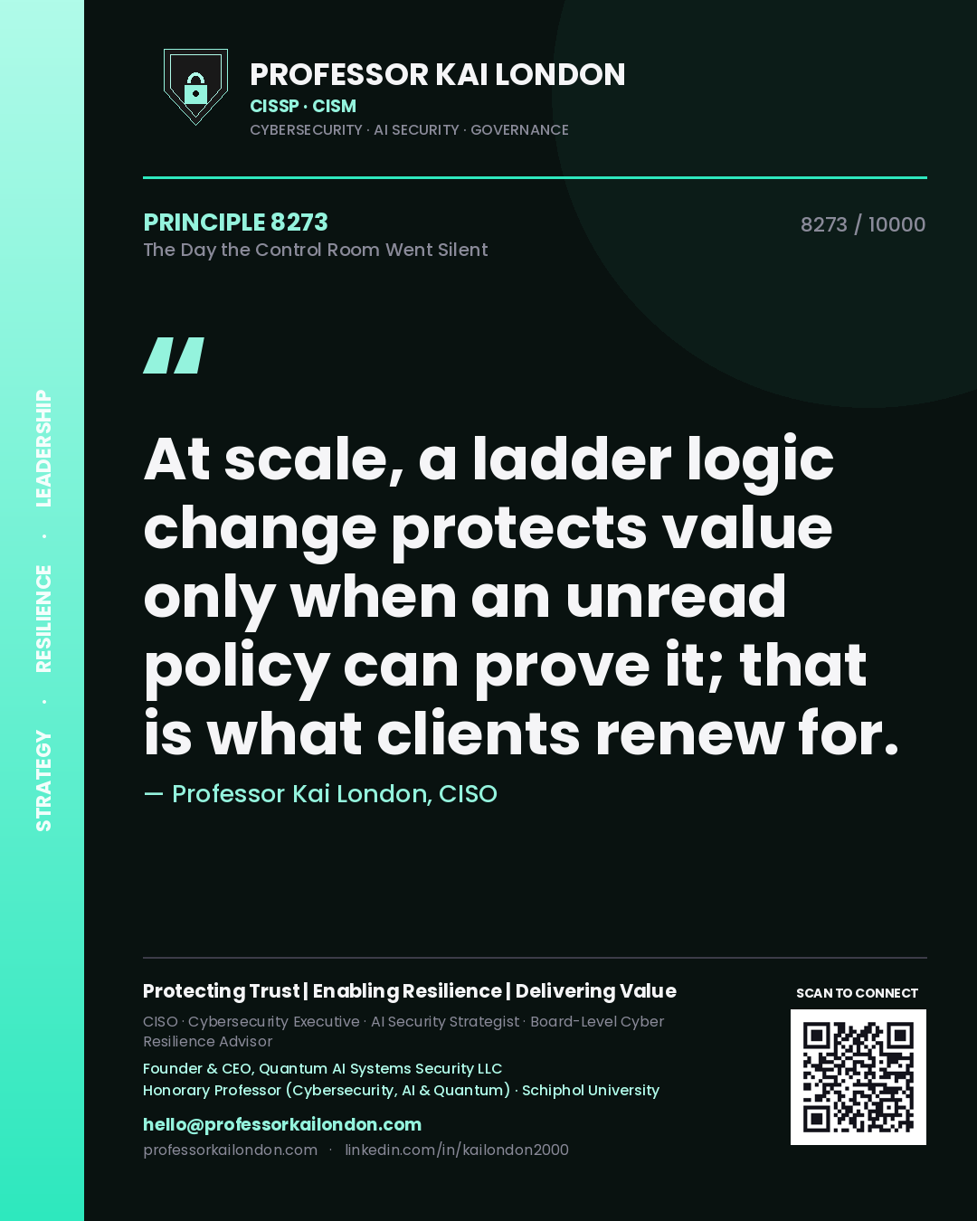 Professor Kai London principle 8273: At scale, a ladder logic change protects value only when an unread policy can prove it; that is what clients renew for.