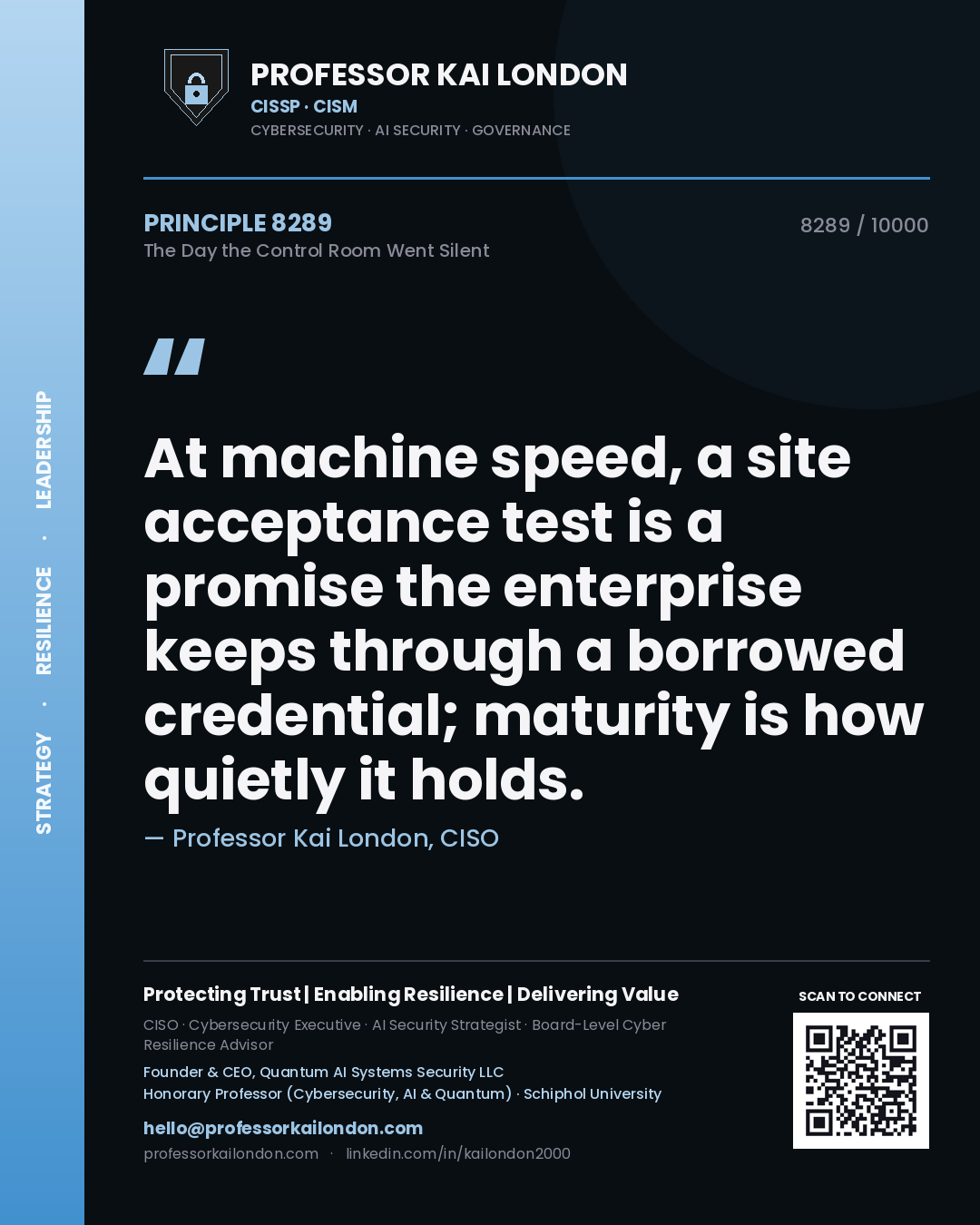 Professor Kai London principle 8289: At machine speed, a site acceptance test is a promise the enterprise keeps through a borrowed credential; maturity is how quietly it holds.