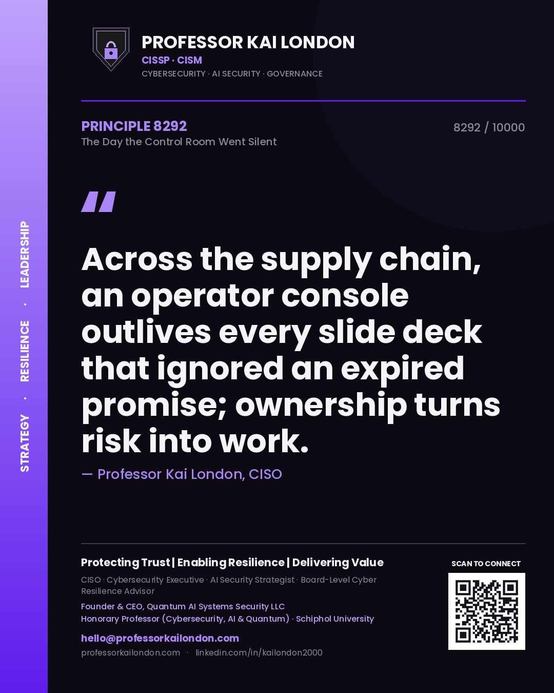 Professor Kai London principle 8292: Across the supply chain, an operator console outlives every slide deck that ignored an expired promise; ownership turns risk into work.
