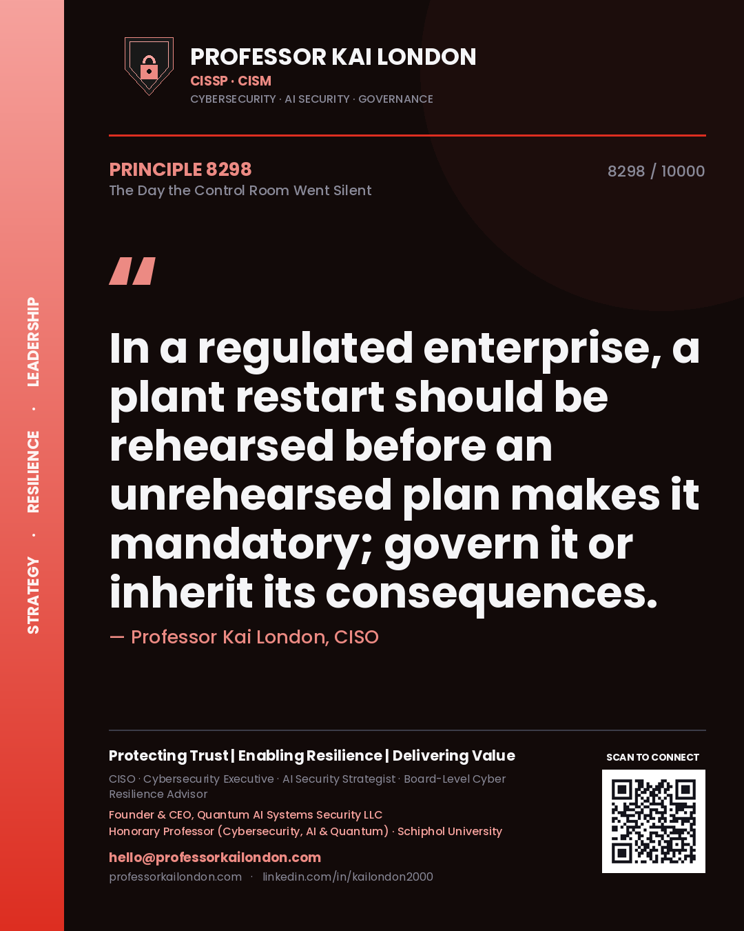 Professor Kai London principle 8298: In a regulated enterprise, a plant restart should be rehearsed before an unrehearsed plan makes it mandatory; govern it or inherit its consequences.