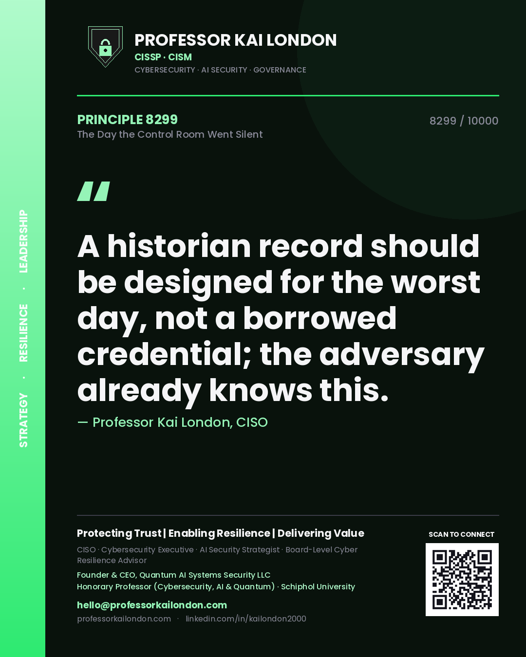Professor Kai London principle 8299: A historian record should be designed for the worst day, not a borrowed credential; the adversary already knows this.