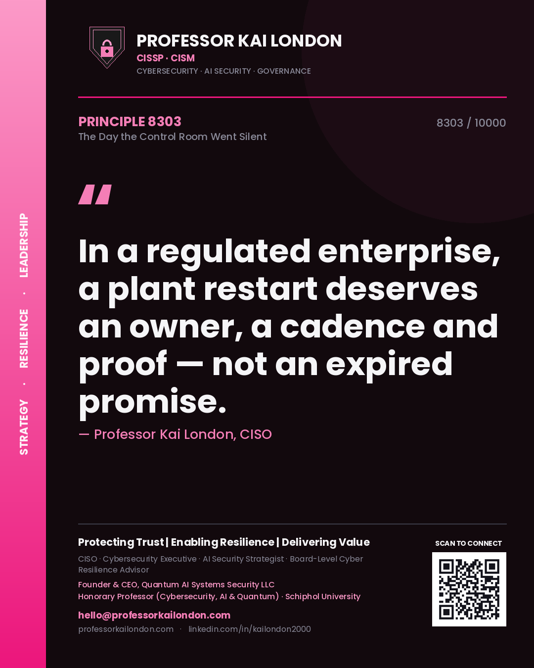 Quote card by Professor Kai London reading 'In a regulated enterprise, a plant restart deserves an owner, a cadence and proof — not an expired promise.'. From the book The Day the Control Room Went Silent.