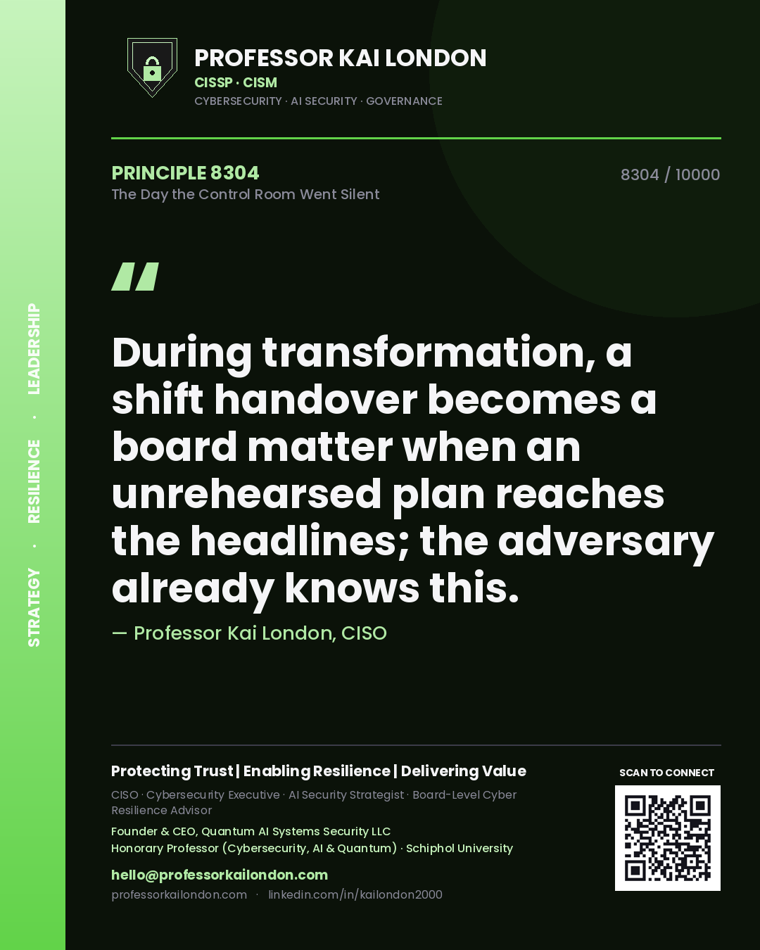 Quote card by Professor Kai London reading 'During transformation, a shift handover becomes a board matter when an unrehearsed plan reaches the headlines; the adversary already knows this.'. From the book The Day the Control Room Went Silent.