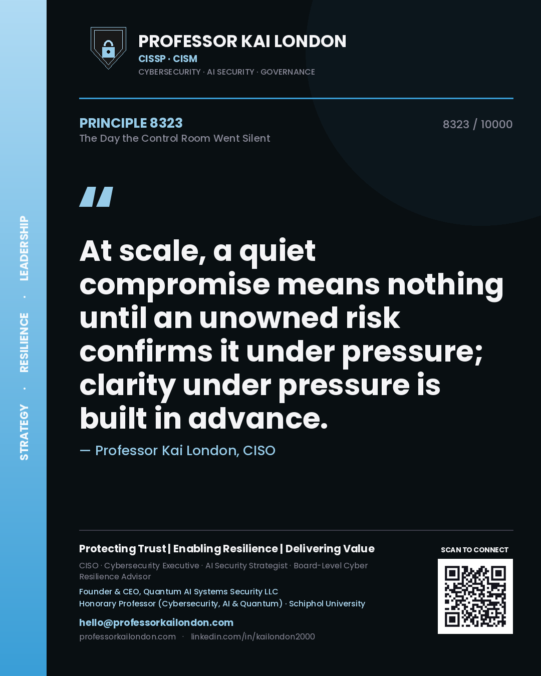 Quote card by Professor Kai London reading 'At scale, a quiet compromise means nothing until an unowned risk confirms it under pressure; clarity under pressure is built in advance.'. From the book The Day the Control Room Went Silent.