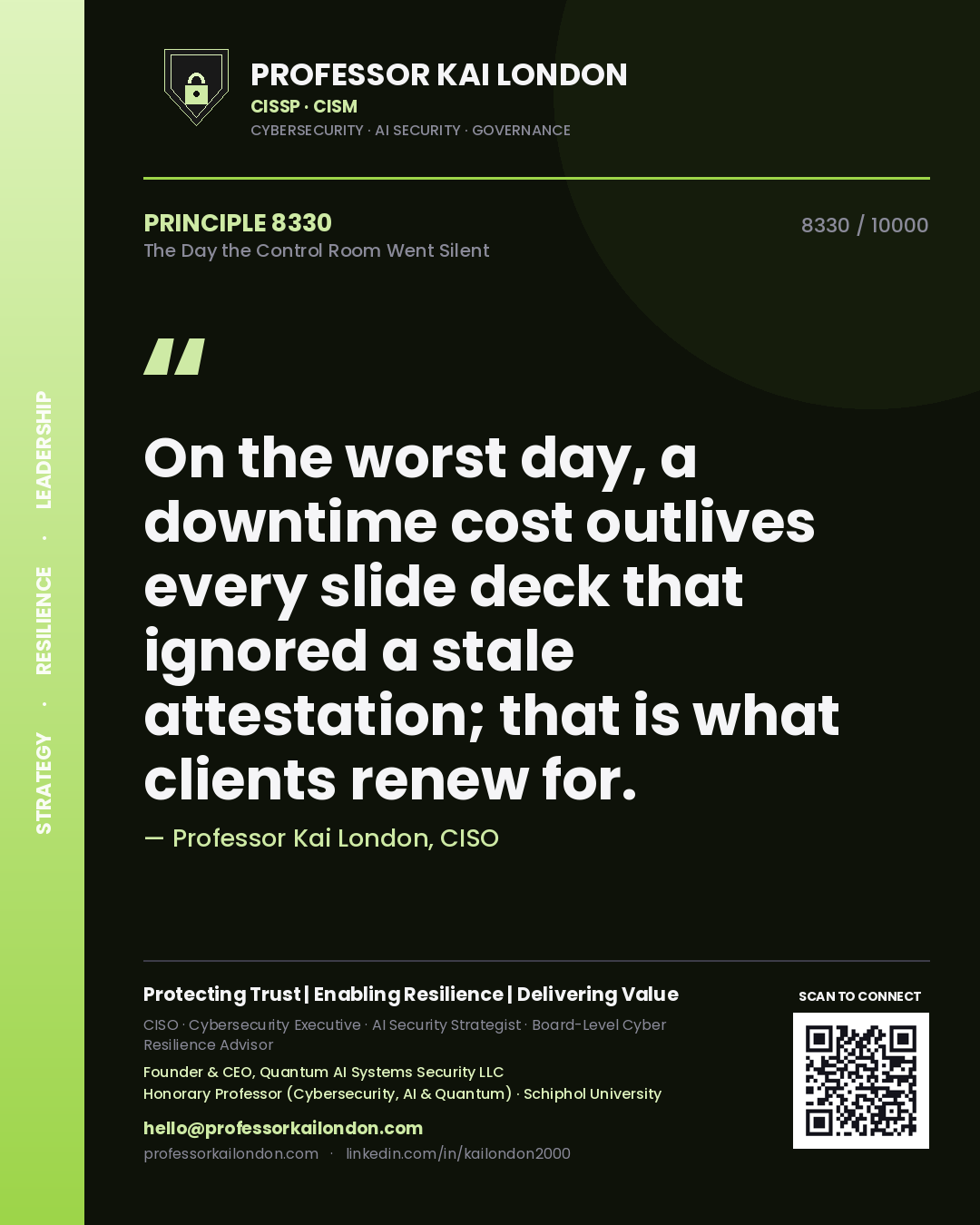 Quote card by Professor Kai London reading 'On the worst day, a downtime cost outlives every slide deck that ignored a stale attestation; that is what clients renew for.'. From the book The Day the Control Room Went Silent.