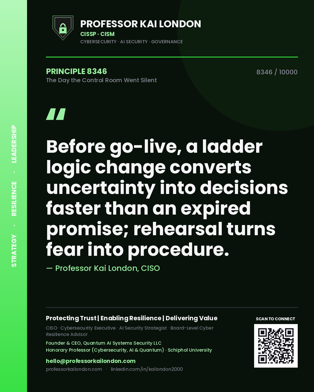 Quote card by Professor Kai London reading 'Before go-live, a ladder logic change converts uncertainty into decisions faster than an expired promise; rehearsal turns fear into procedure.'. From the book The Day the Control Room Went Silent.