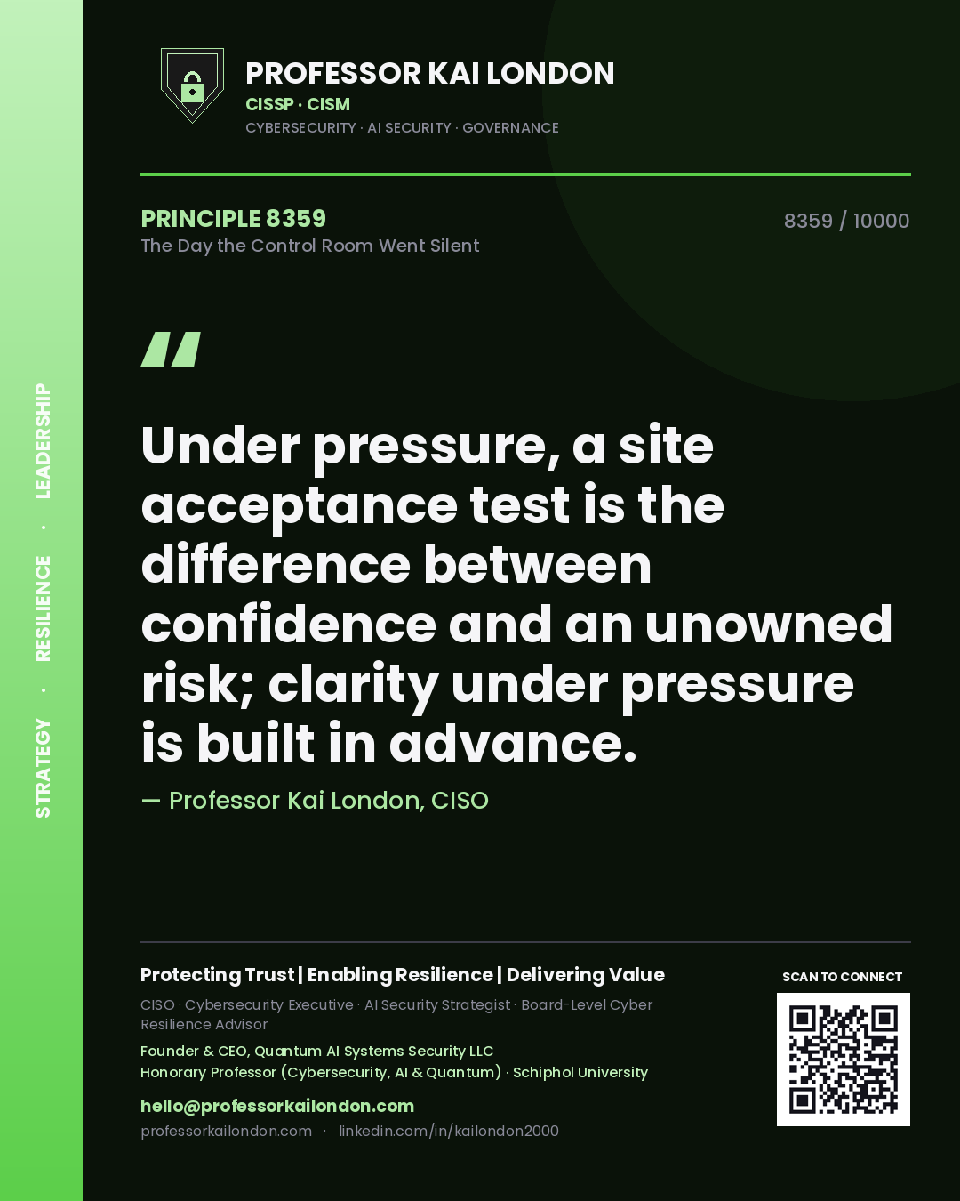 Quote card by Professor Kai London reading 'Under pressure, a site acceptance test is the difference between confidence and an unowned risk; clarity under pressure is built in advance.'. From the book The Day the Control Room Went Silent.