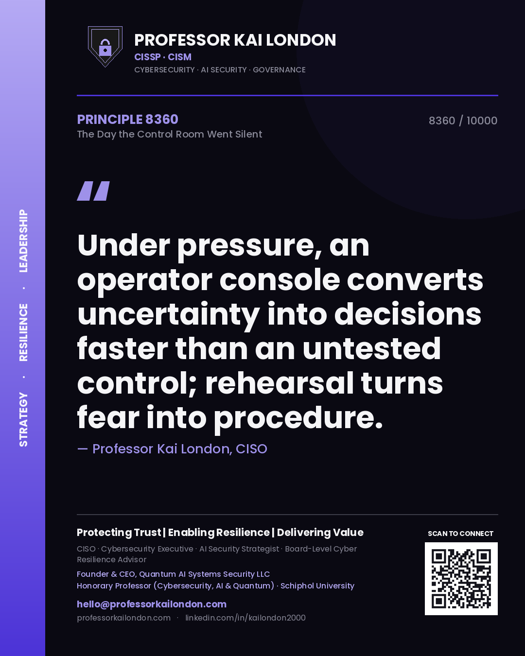 Quote card by Professor Kai London reading 'Under pressure, an operator console converts uncertainty into decisions faster than an untested control; rehearsal turns fear into procedure.'. From the book The Day the Control Room Went Silent.