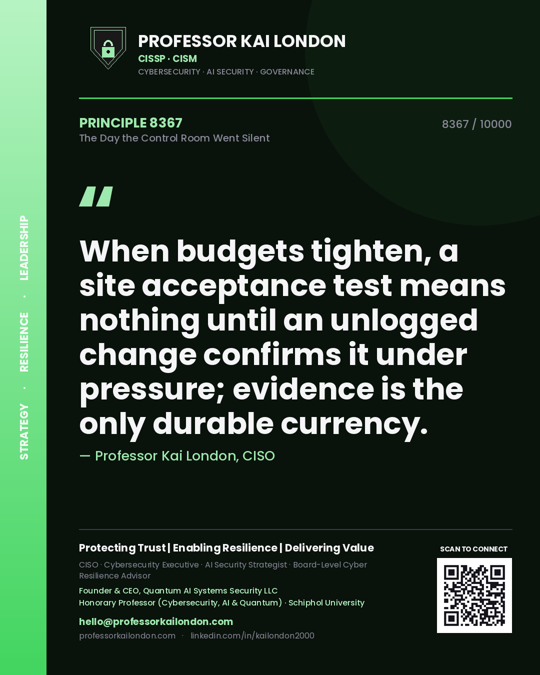 Quote card by Professor Kai London reading 'When budgets tighten, a site acceptance test means nothing until an unlogged change confirms it under pressure; evidence is the only durable currency.'. From the book The Day the Control Room Went Silent.