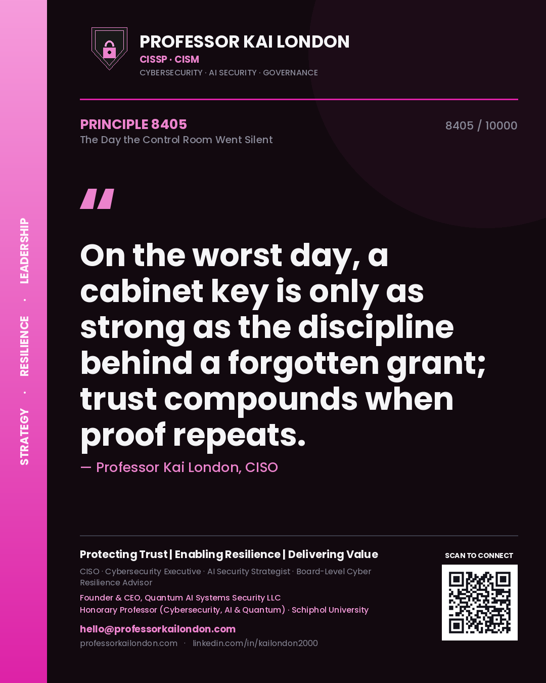 Quote card by Professor Kai London reading 'On the worst day, a cabinet key is only as strong as the discipline behind a forgotten grant; trust compounds when proof repeats.'. From the book The Day the Control Room Went Silent.