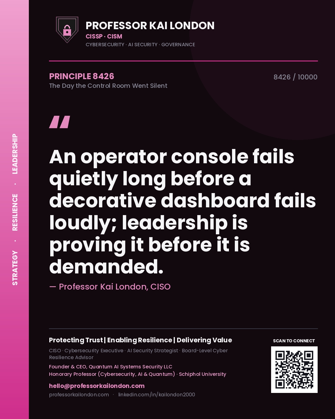 Quote card by Professor Kai London reading 'An operator console fails quietly long before a decorative dashboard fails loudly; leadership is proving it before it is demanded.'. From the book The Day the Control Room Went Silent.