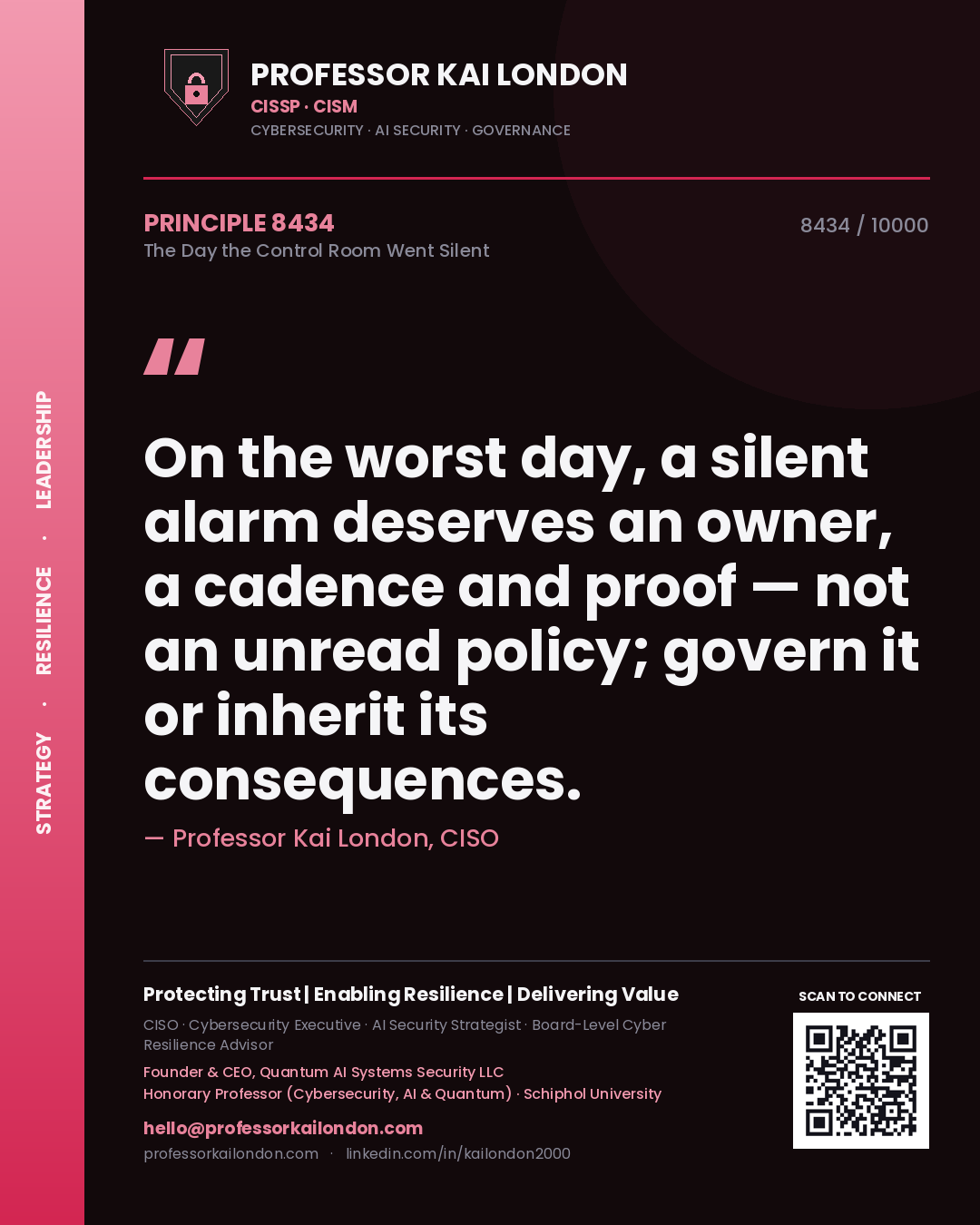 Quote card by Professor Kai London reading 'On the worst day, a silent alarm deserves an owner, a cadence and proof — not an unread policy; govern it or inherit its consequences.'. From the book The Day the Control Room Went Silent.
