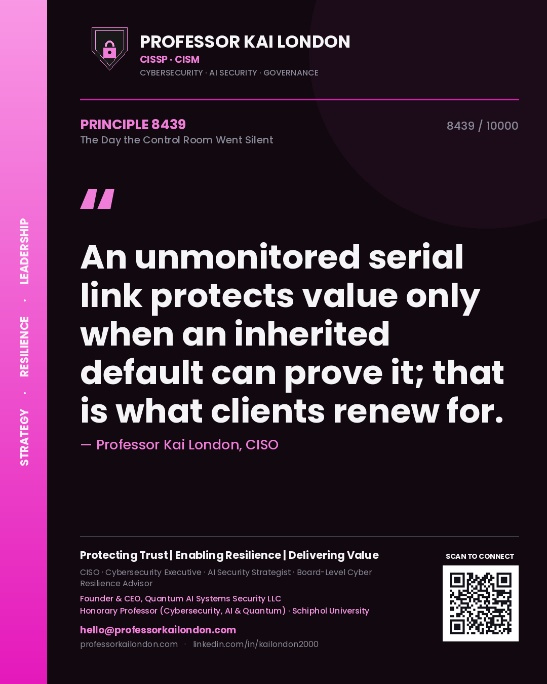 Quote card by Professor Kai London reading 'An unmonitored serial link protects value only when an inherited default can prove it; that is what clients renew for.'. From the book The Day the Control Room Went Silent.