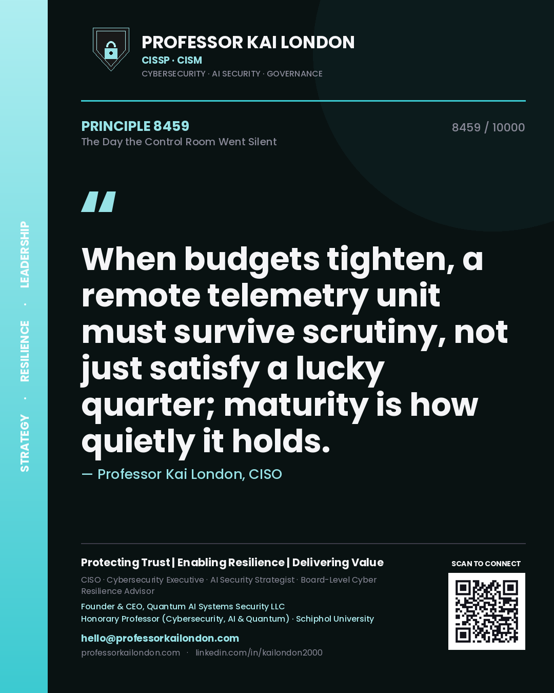 Quote card by Professor Kai London reading 'When budgets tighten, a remote telemetry unit must survive scrutiny, not just satisfy a lucky quarter; maturity is how quietly it holds.'. From the book The Day the Control Room Went Silent.