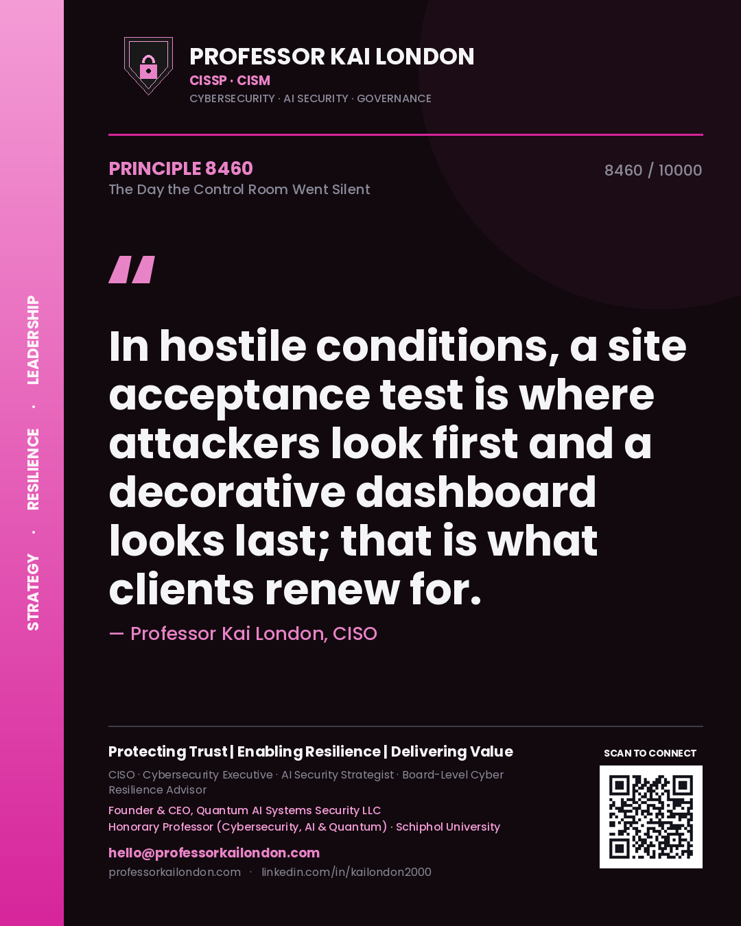 Quote card by Professor Kai London reading 'In hostile conditions, a site acceptance test is where attackers look first and a decorative dashboard looks last; that is what clients renew for.'. From the book The Day the Control Room Went Silent.