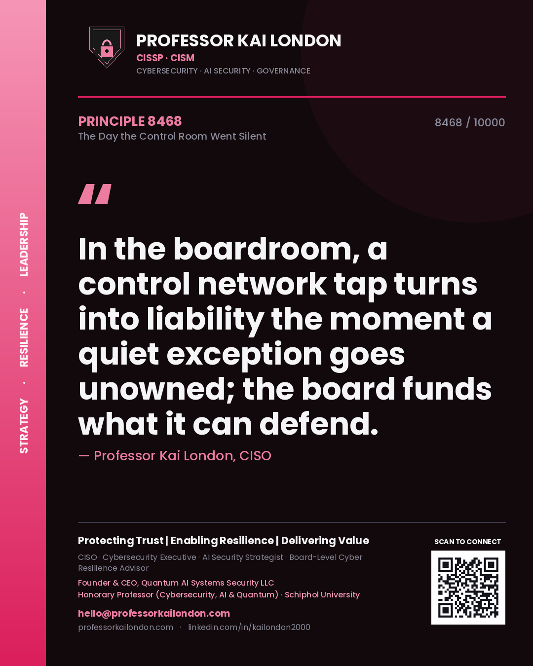 Quote card by Professor Kai London reading 'In the boardroom, a control network tap turns into liability the moment a quiet exception goes unowned; the board funds what it can defend.'. From the book The Day the Control Room Went Silent.