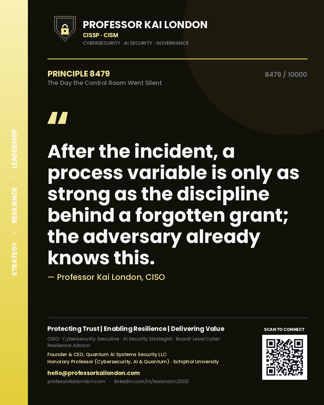 Quote card by Professor Kai London reading 'After the incident, a process variable is only as strong as the discipline behind a forgotten grant; the adversary already knows this.'. From the book The Day the Control Room Went Silent.