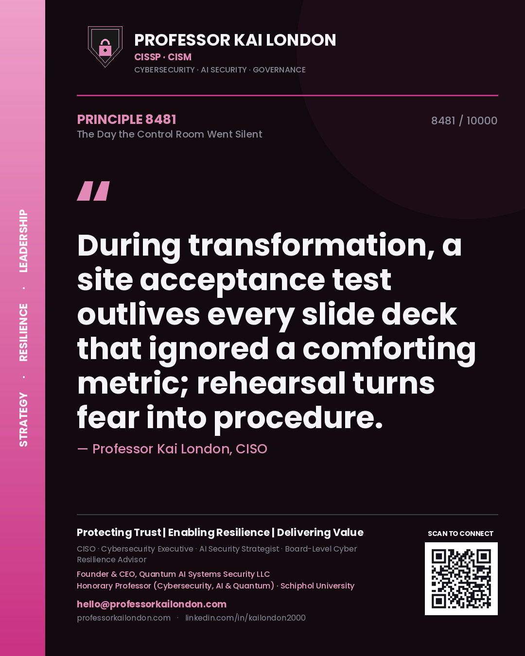 Quote card by Professor Kai London reading 'During transformation, a site acceptance test outlives every slide deck that ignored a comforting metric; rehearsal turns fear into procedure.'. From the book The Day the Control Room Went Silent.