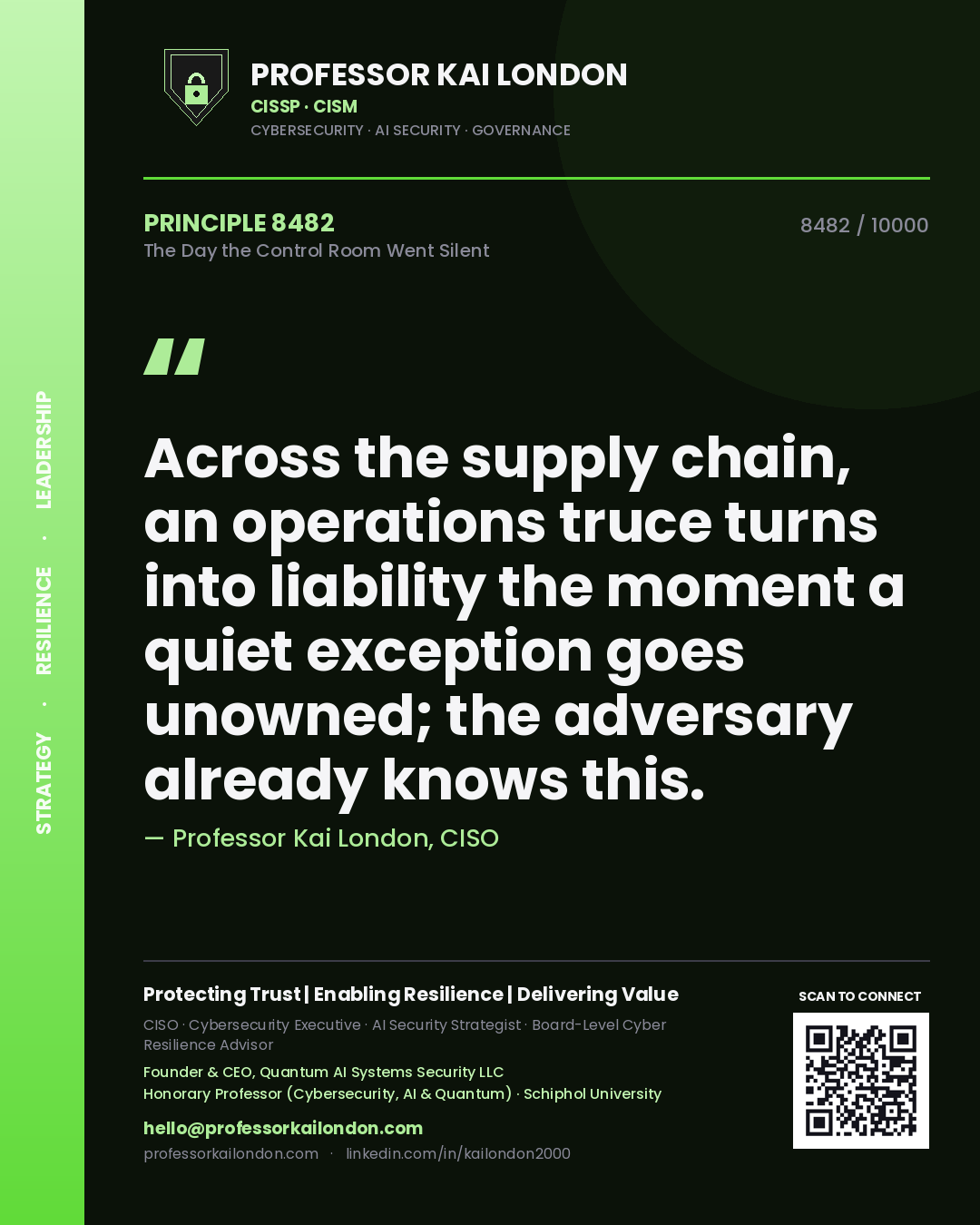 Quote card by Professor Kai London reading 'Across the supply chain, an operations truce turns into liability the moment a quiet exception goes unowned; the adversary already knows this.'. From the book The Day the Control Room Went Silent.