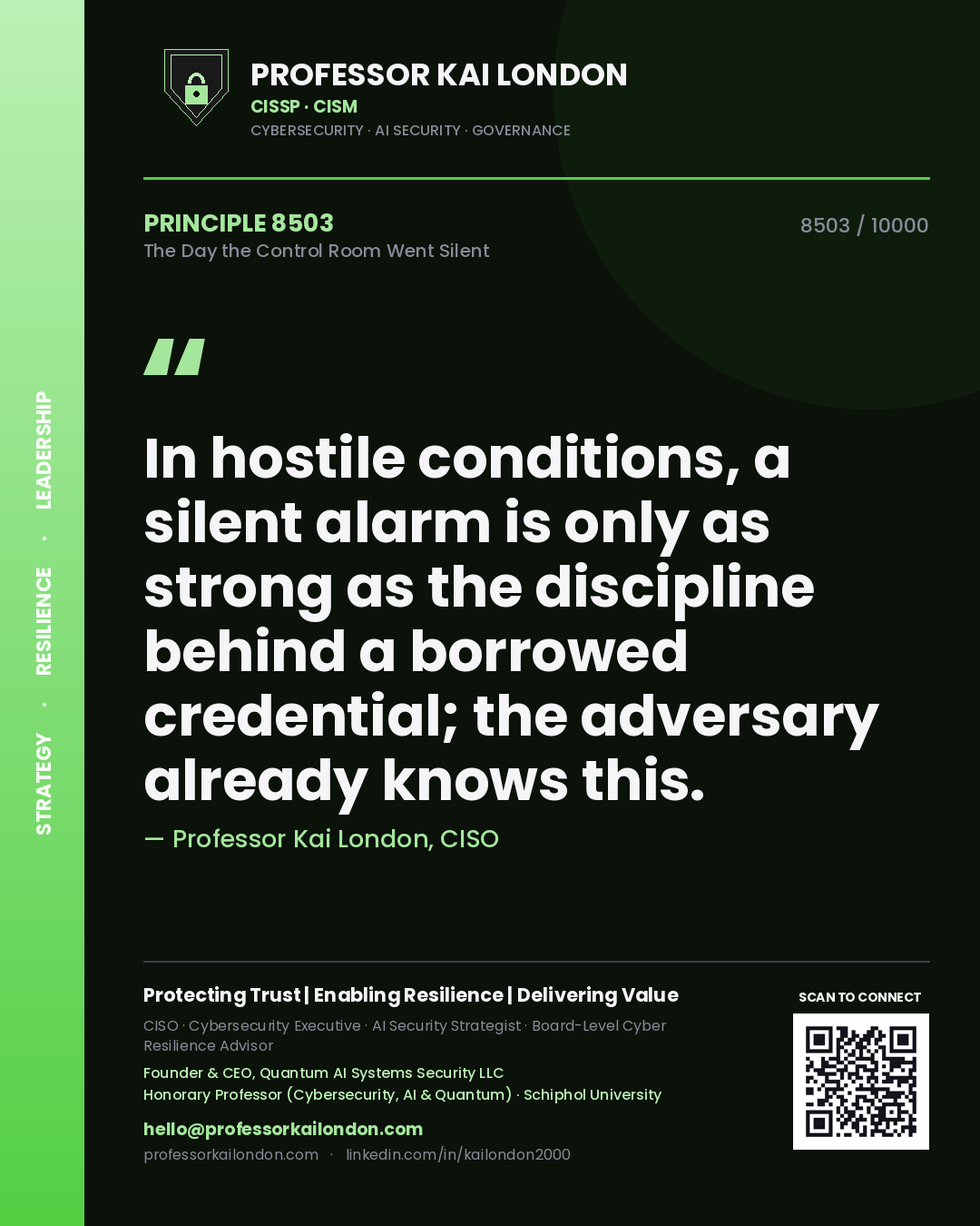 Quote card by Professor Kai London reading 'In hostile conditions, a silent alarm is only as strong as the discipline behind a borrowed credential; the adversary already knows this.'. From the book The Day the Control Room Went Silent.