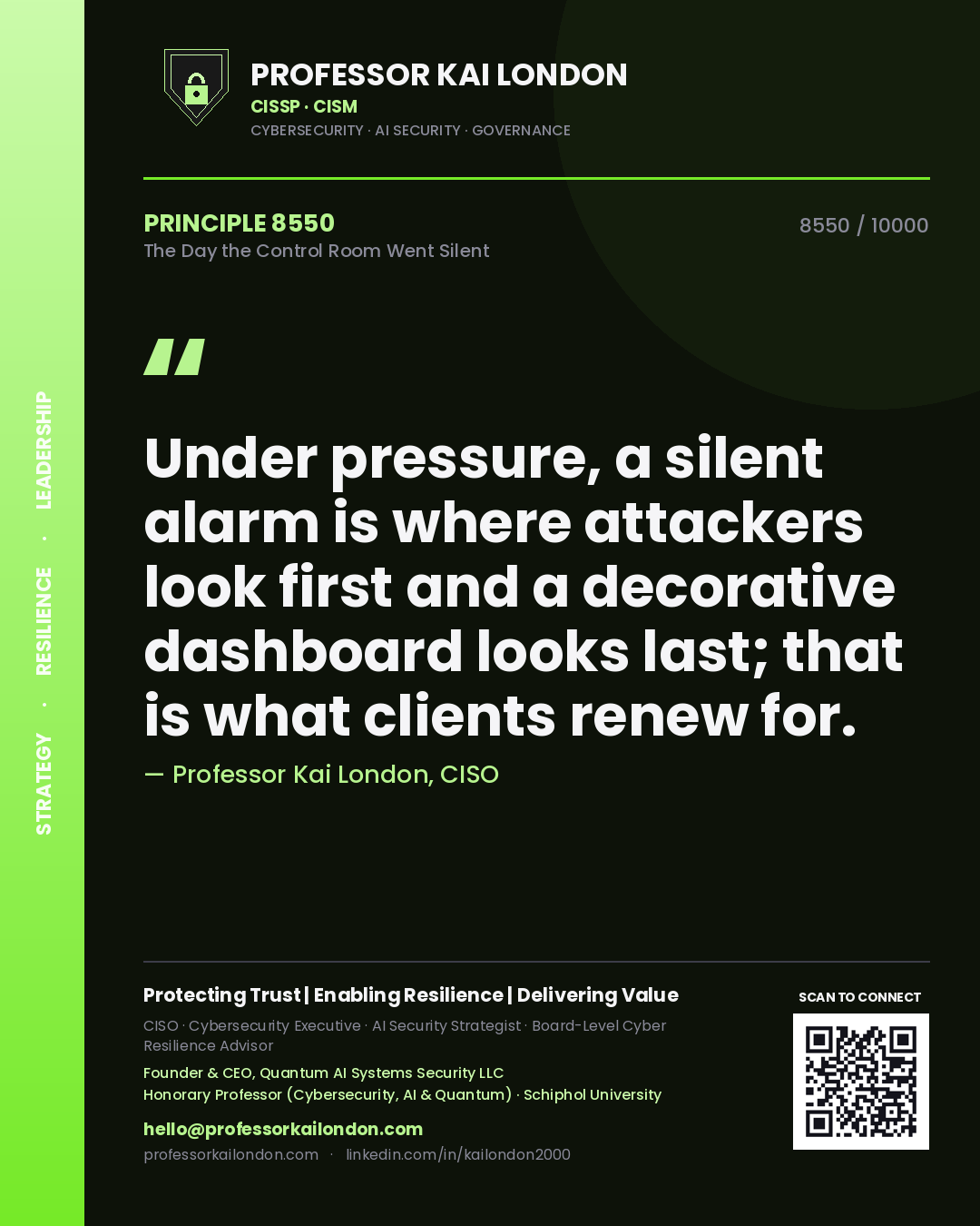 Quote card by Professor Kai London reading 'Under pressure, a silent alarm is where attackers look first and a decorative dashboard looks last; that is what clients renew for.'. From the book The Day the Control Room Went Silent.